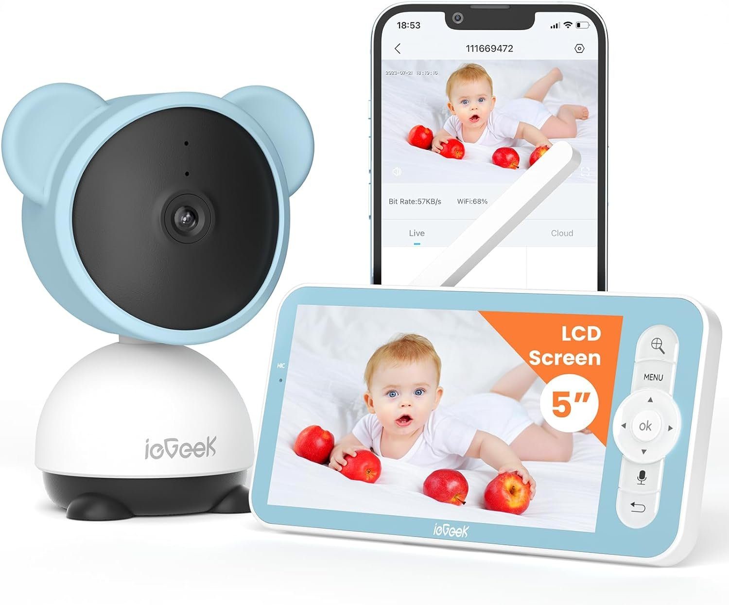 ieGeek Babyphone 5 Zoll/1080P Babyphone mit Kamera App WLAN Video babyfon&64GB SD Karte, Horizontal 350° und vertikal 55°,940nm Infrarot-Nachtsichtkamera, Bewegungs/Geräuscherkennung, unterstützt App Steuerung, Automatische Verfolgung,Bidirektionales