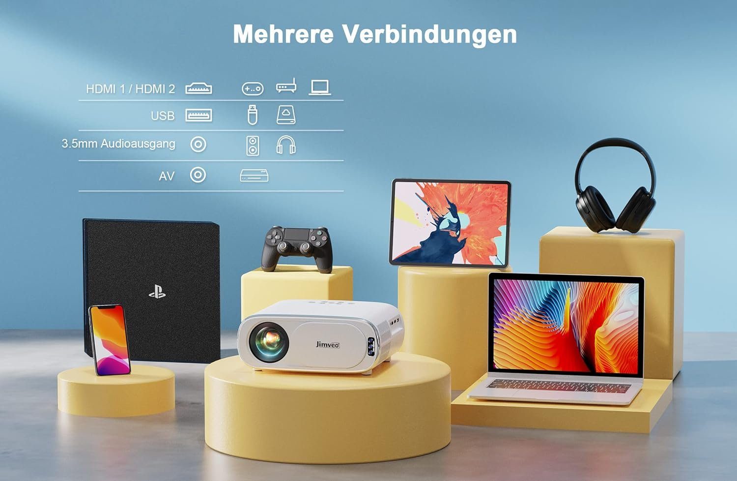 Jimveo 1080P 4K Unterstützt Projektor, 750ANSI Portabler Projektor (20000 lm, 18000:1 Jimveo, 3840x2160 px, Maximal 300''Display Innovativer Gut Qualität Vielseitige Anschlüsse)