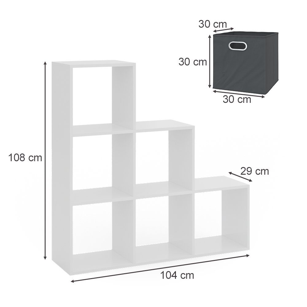 Vicco Raumteilerregal Treppenregal Bücherregal 6 Fächer Weiß + Faltboxen Anthrazit