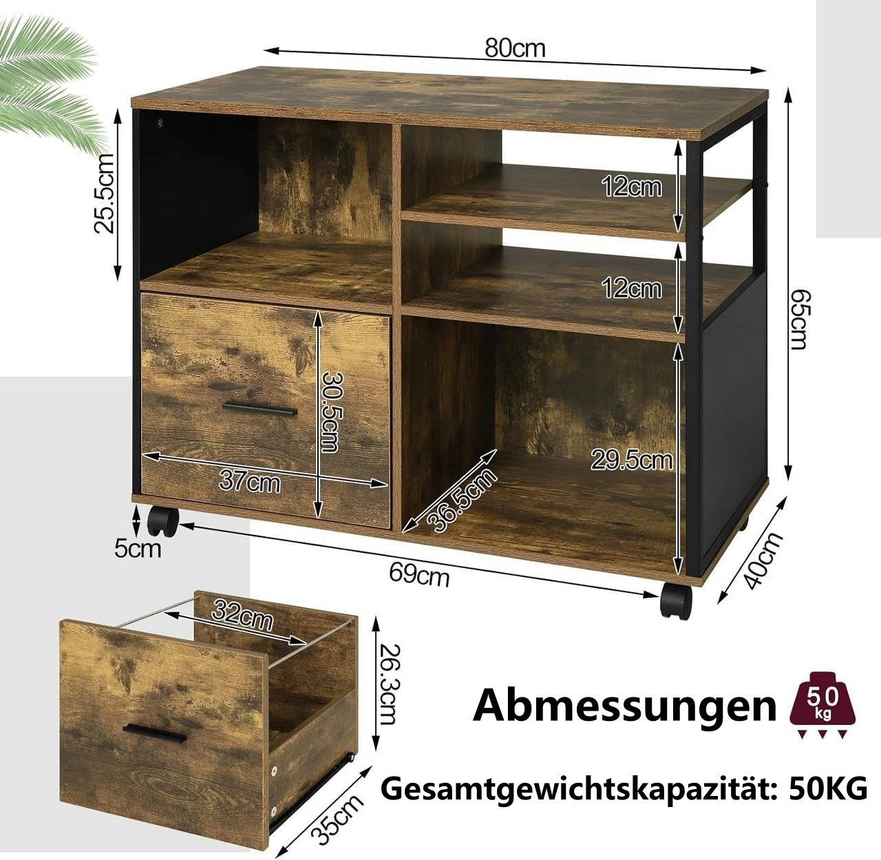 Woltu Aktenschrank (1-St) Druckertisch auf Rollen, Bürocontainer