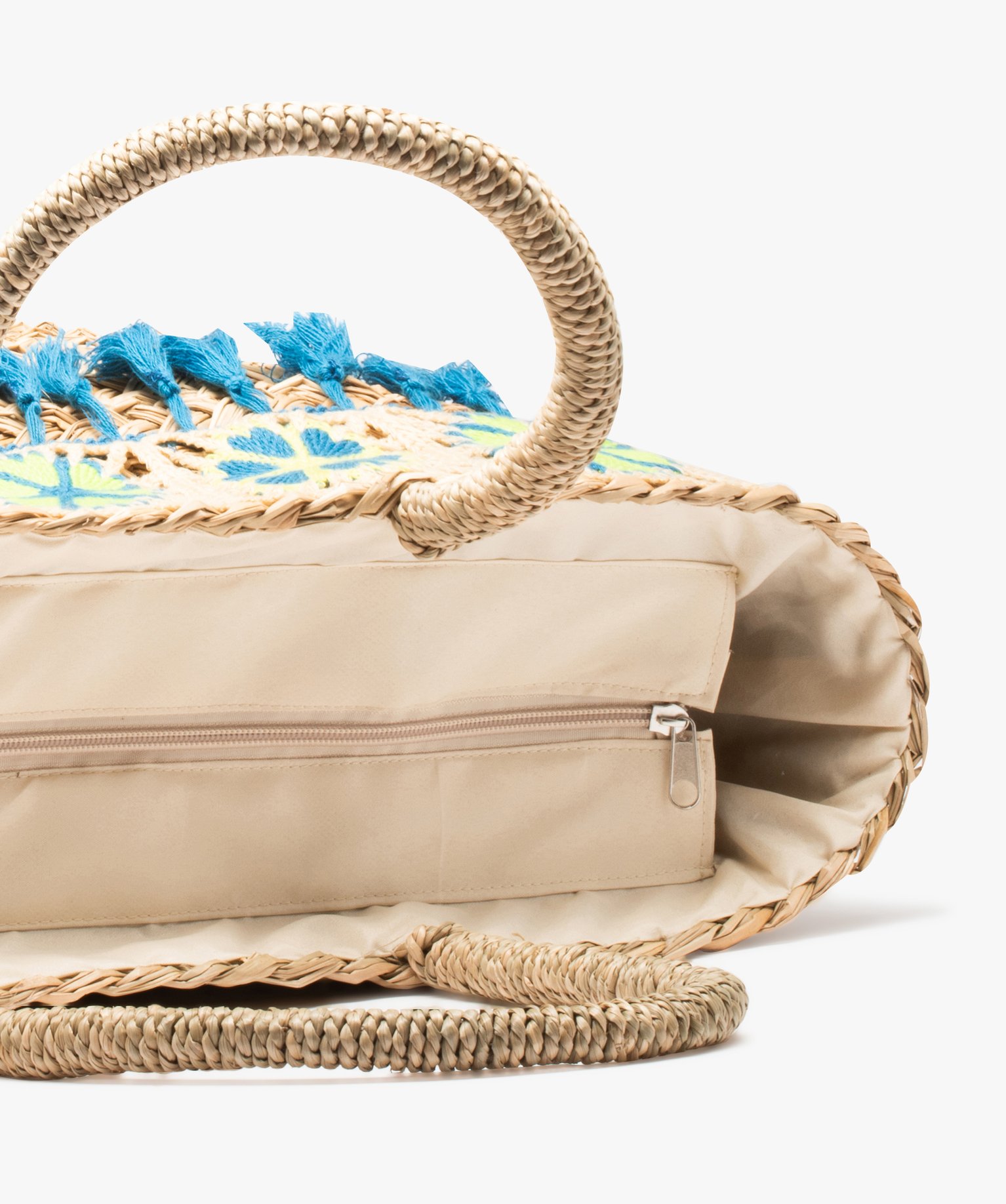 Sac de plage femme en paille avec broderies et pompons beige | GEMO