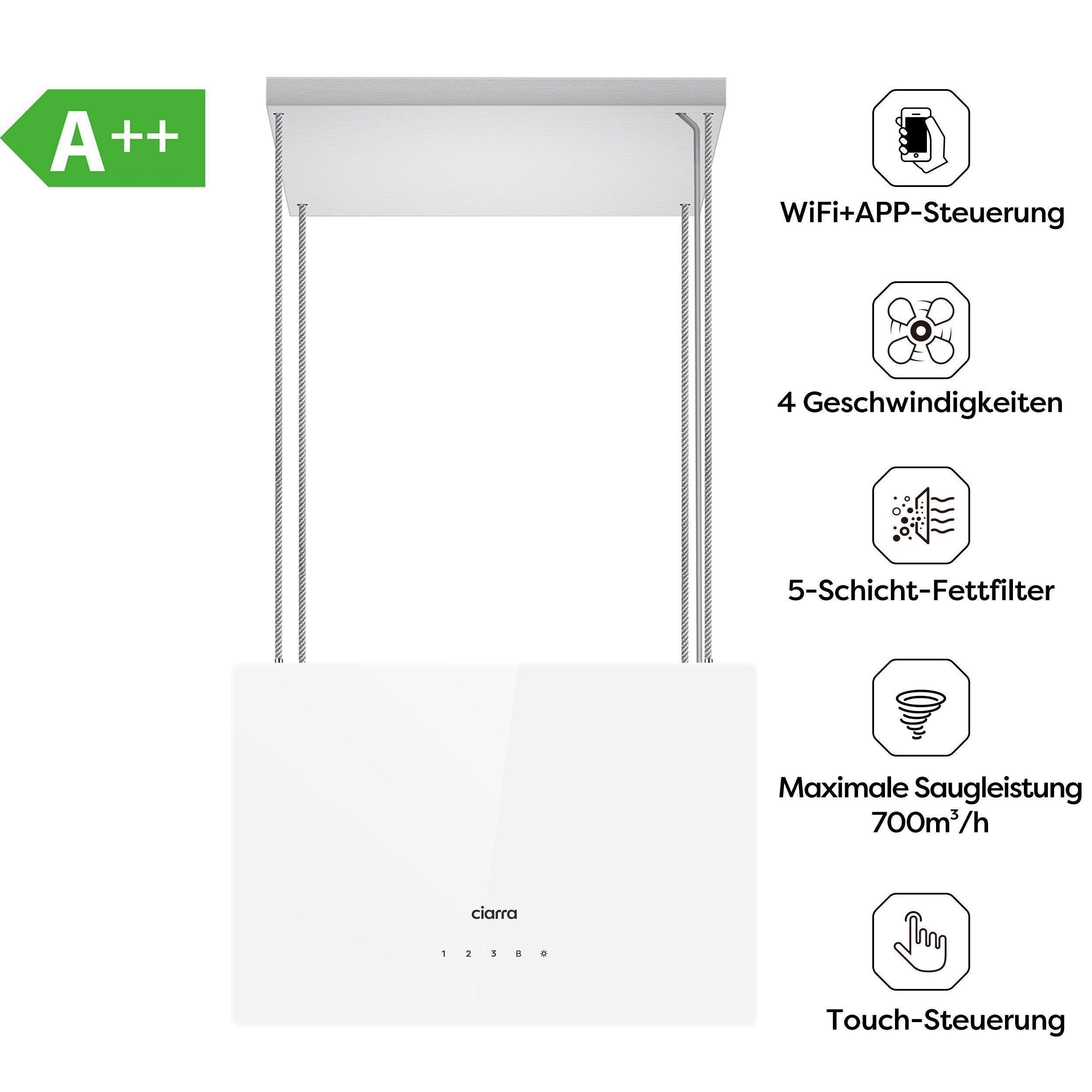 CIARRA Inselhaube CBCS4850, 700m³/h A+++ Freihängend Dunstabzugshaube WiFi App Touch Bedienung