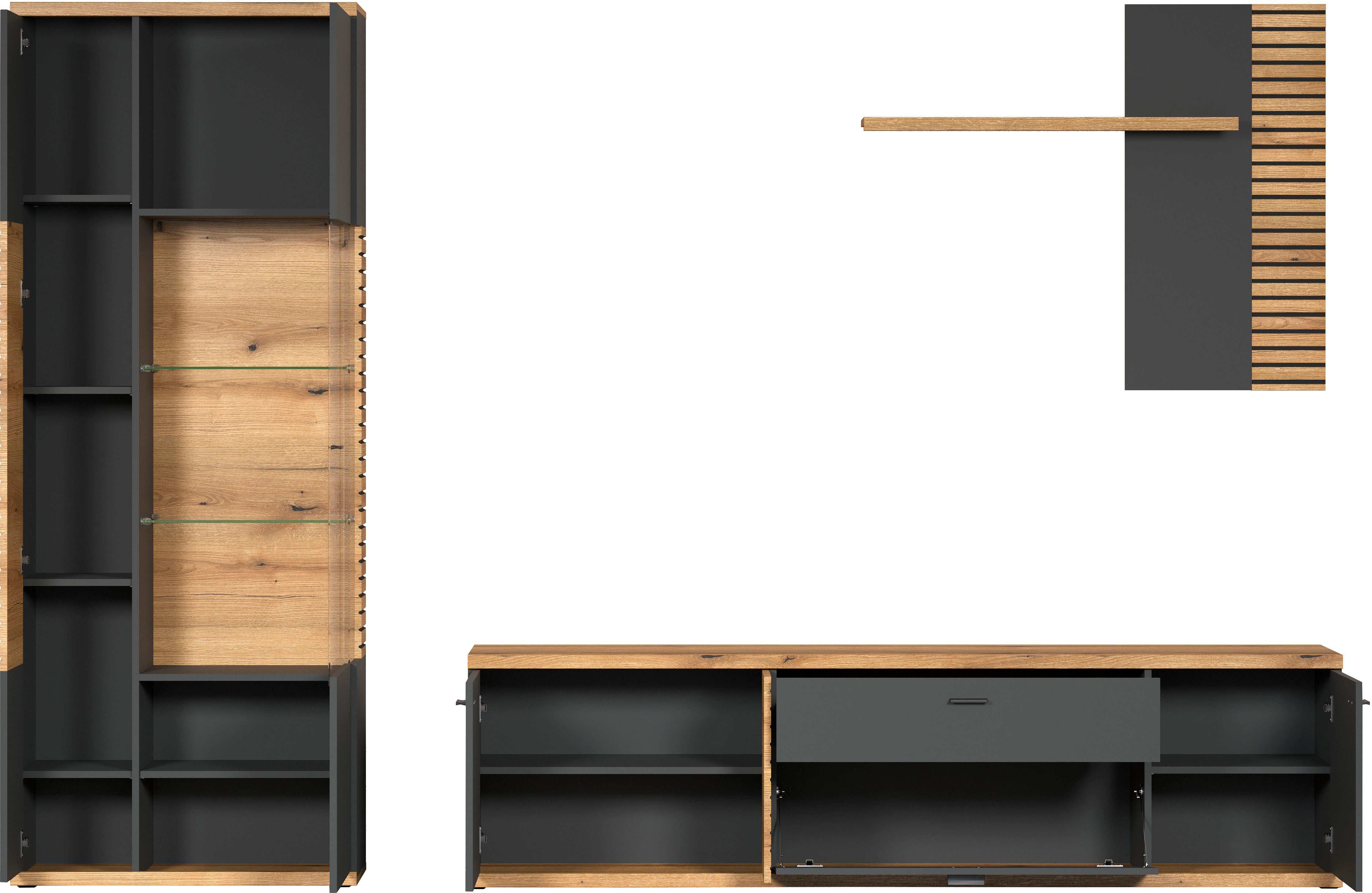 INOSIGN Wohnwand NORRISWW, (Set, 3-St), Wohnwand-Set in Anthrazit mit Coast Evoke Eiche, Türen mit Soft-Close