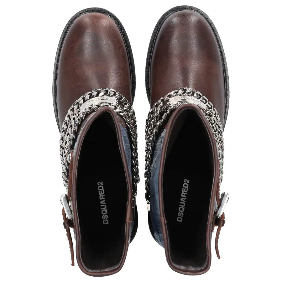 Dsquared2 - Cowboy-/ Bikerstiefeletten Denim Kalbsleder Zierkette Zierschnalle blau braun - braun