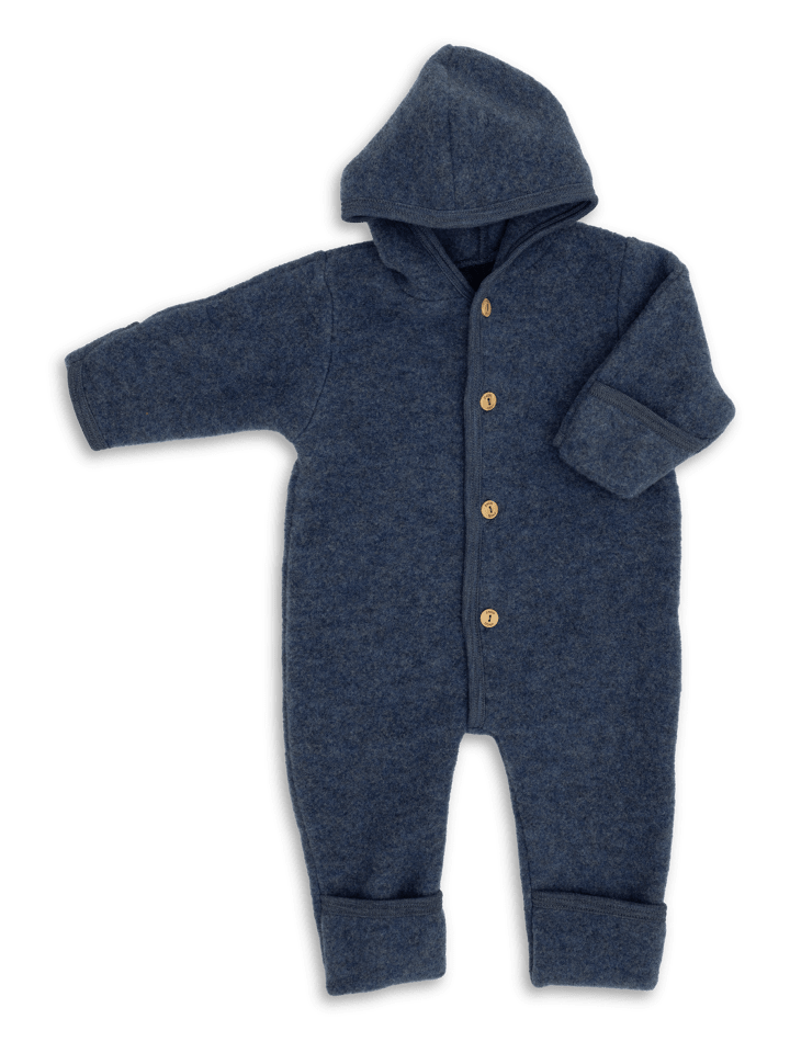 Kinderhaus Blaubär Baby-Overall mit Kapuze, Holzknöpfen & Mulltuch Blaubaer in Blau Melange günstig kaufen 50/56