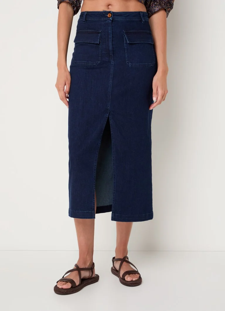 Fustă midi din denim Sessùn Uptown cu buzunare cu clapă