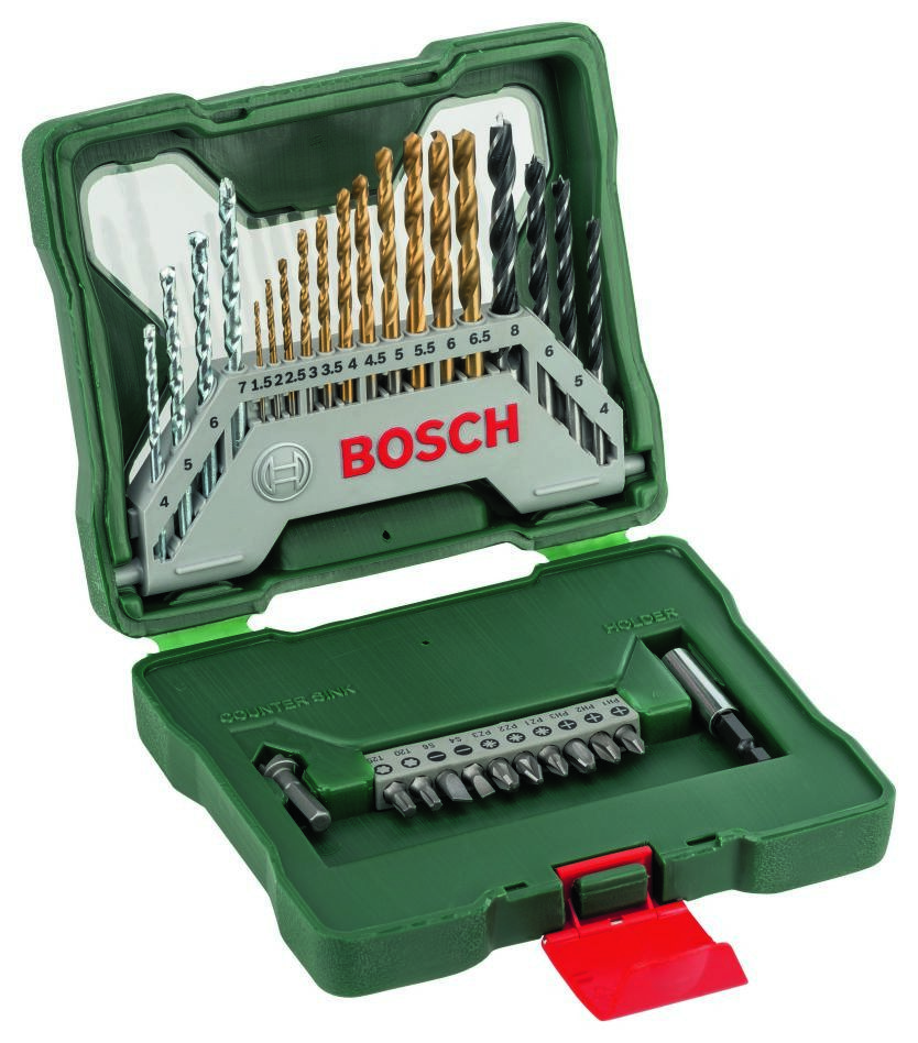 Accessoires verts Bosch 2607019324 Coffret de 30 pièces comprenant forets, mèches, porte-mèches et foret à fraiser, le tout dans un coffret pratique.