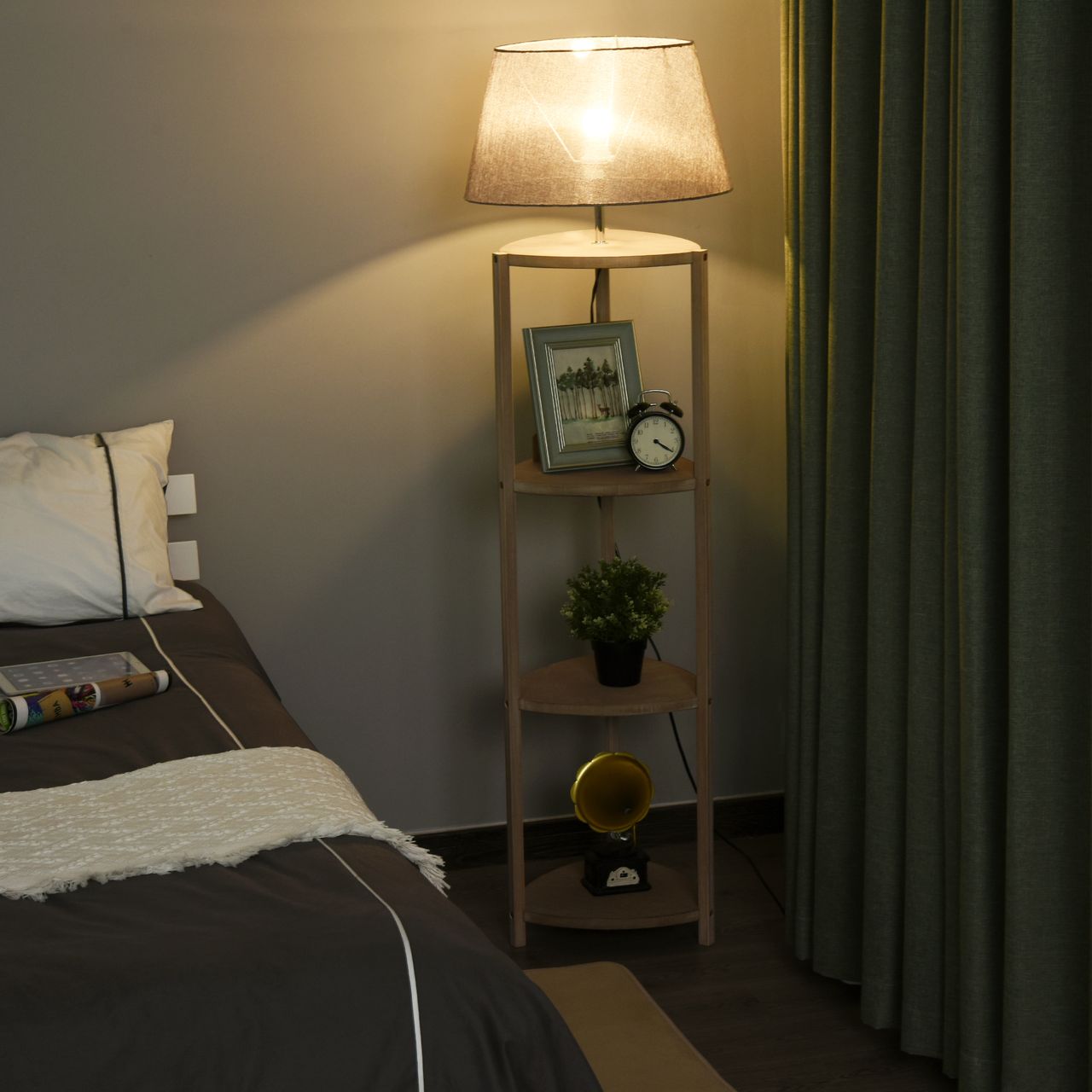 HOMCOM Stehlampe Ablage Schlafzimmer Standleuchte Stehleuchte Lampenschirm für Wohnzimmer Schlafzimmer 40 W Skandinavisch Holz   Leinen grau 46 x 46 x 158,5 cm