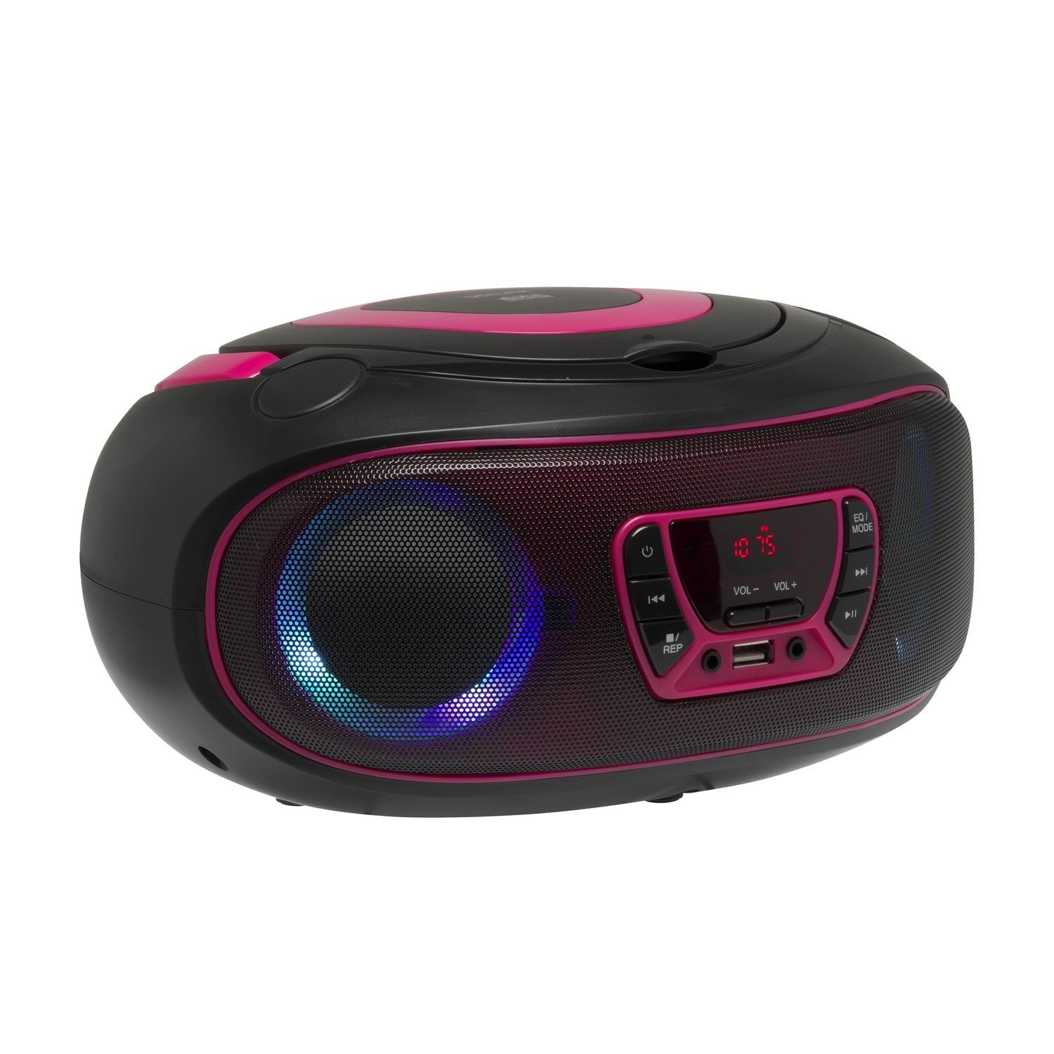 Denver TCL-212BT Pink tragbarer CD-Player (Bluetooth, USB, AUX-IN, Kopfhörerausgang und LED Partylicht)