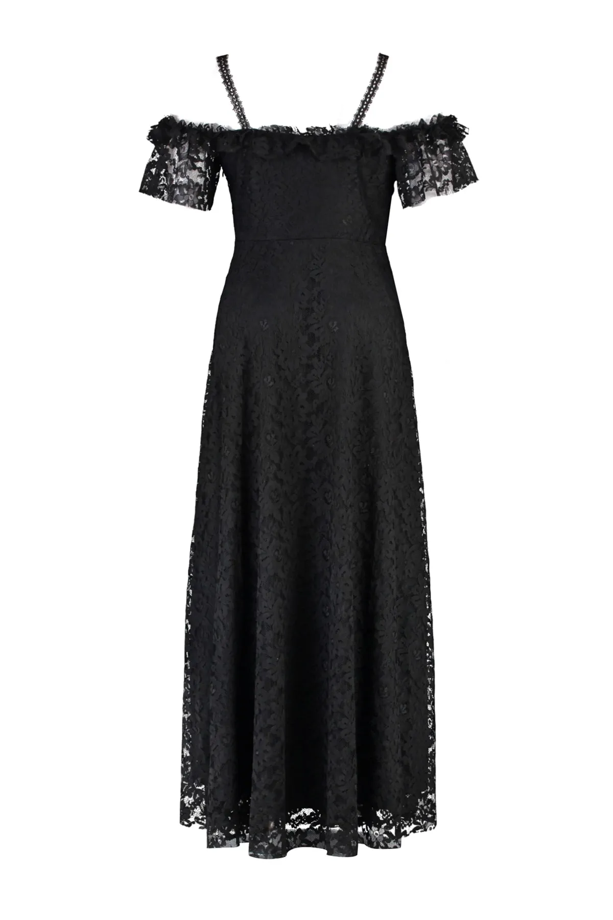 Trendyol Curve  Schwarzes Maxi-Abendkleid in Übergröße mit Trägern in A-Linie und Spitze TBBAW23AH00187
