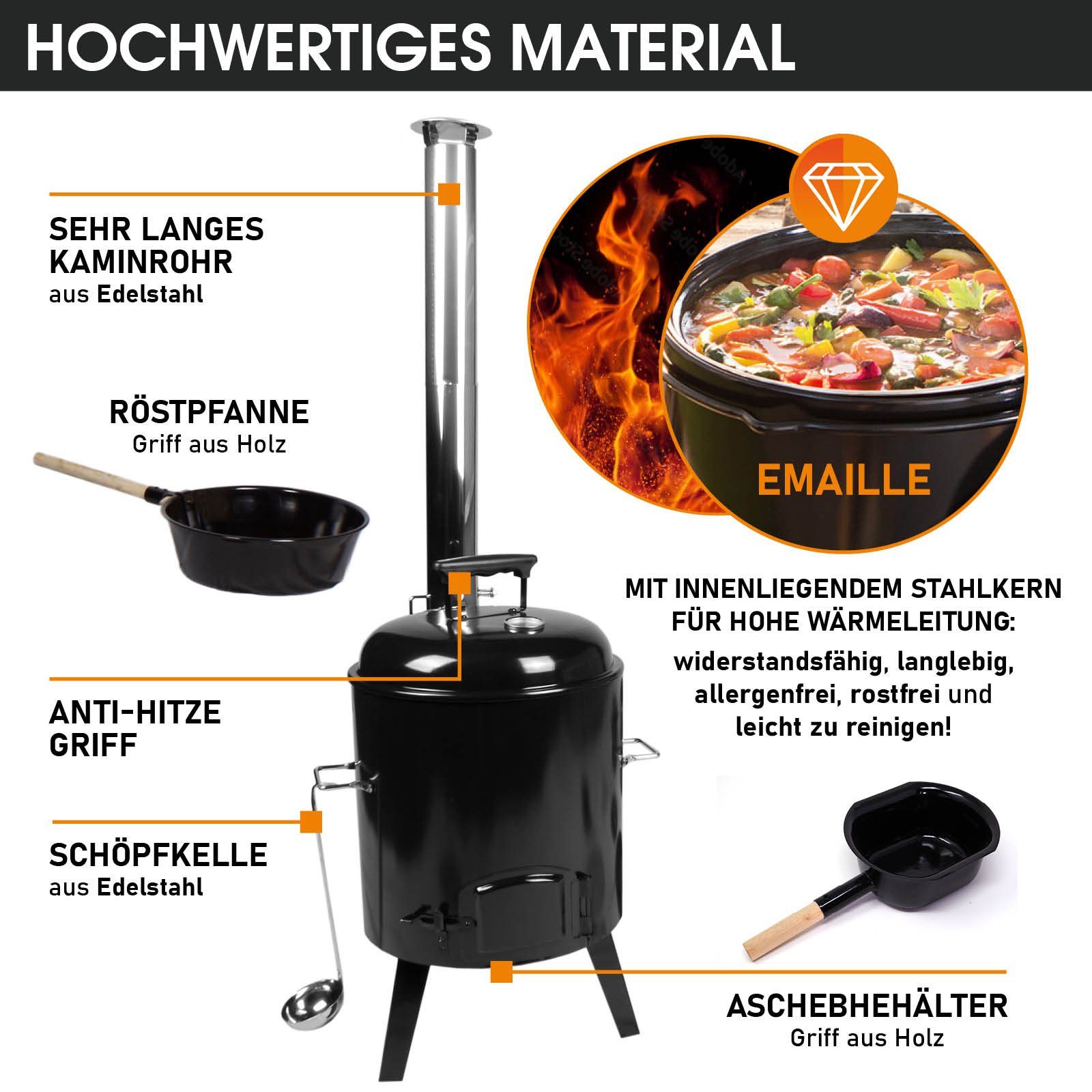 BRAST Kombigrill Eintopfofen mit Grillfunktion Ofen Kugelgrill Barbecue Grill, Outdoor-Küche Gulaschkanone Suppenkessel Hähnchenbräter, Ungarischer Gulaschkessel aus Stahlblech inkl. Zubehör