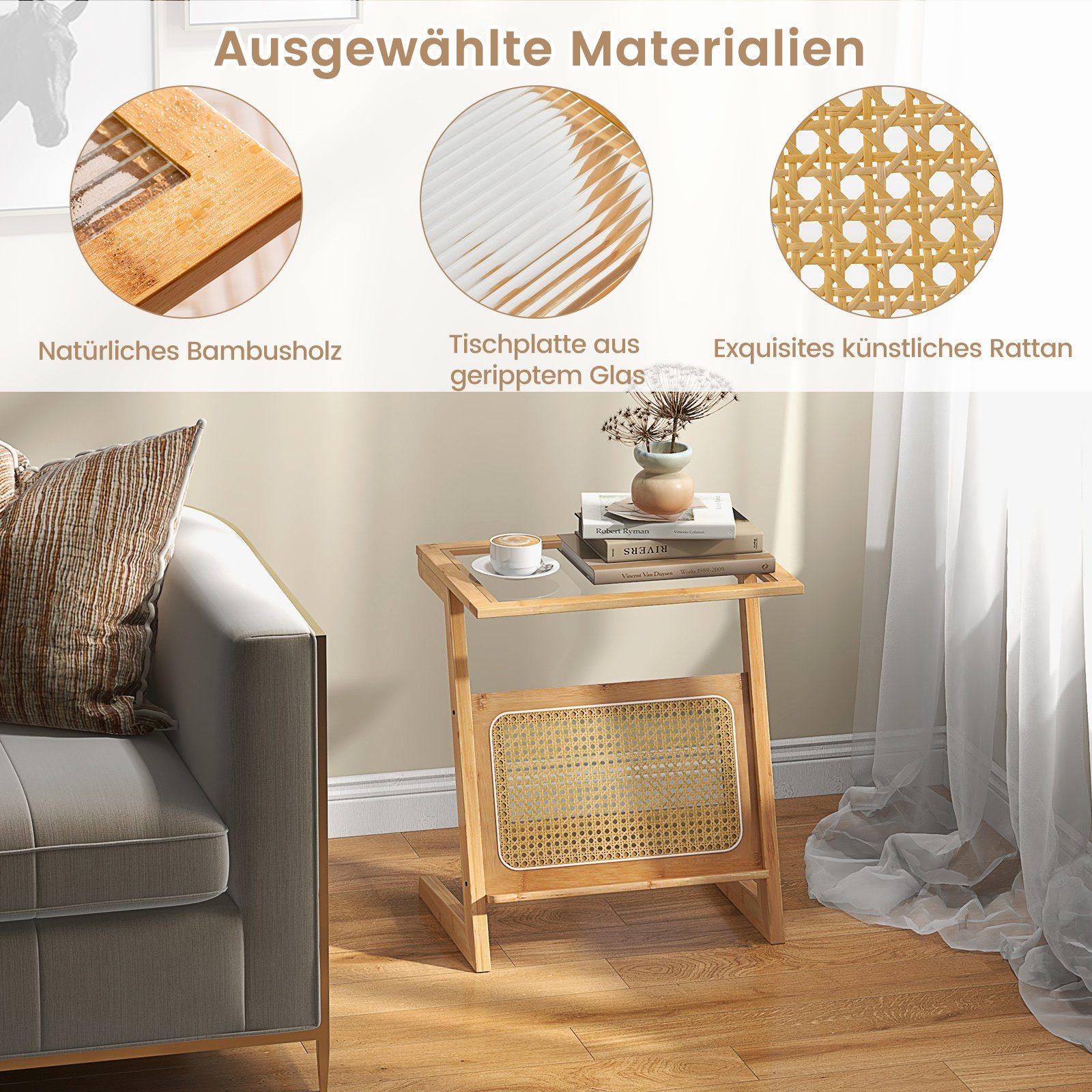 COSTWAY Beistelltisch, Bambus, Z-förmig, mit Rattan-Ablage & Glasplatte, Natur