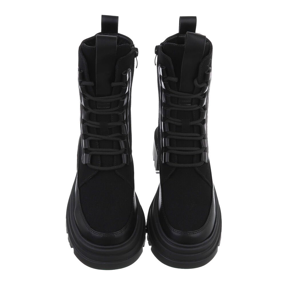 Ital-Design Damen Schnürschuhe Freizeit Schnürstiefelette Blockabsatz Plateaustiefeletten in Schwarz