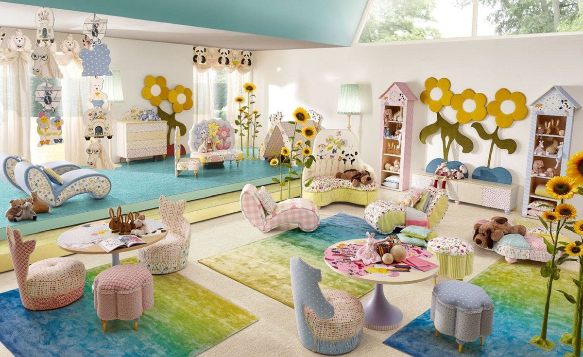 Casa Padrino Kindersofa Luxus Kindersofa Sonnenblumen Bunt - Kinderzimmer Sofa - Kinderzimmer Möbel - Erstklassische Qualität - Made in Italy