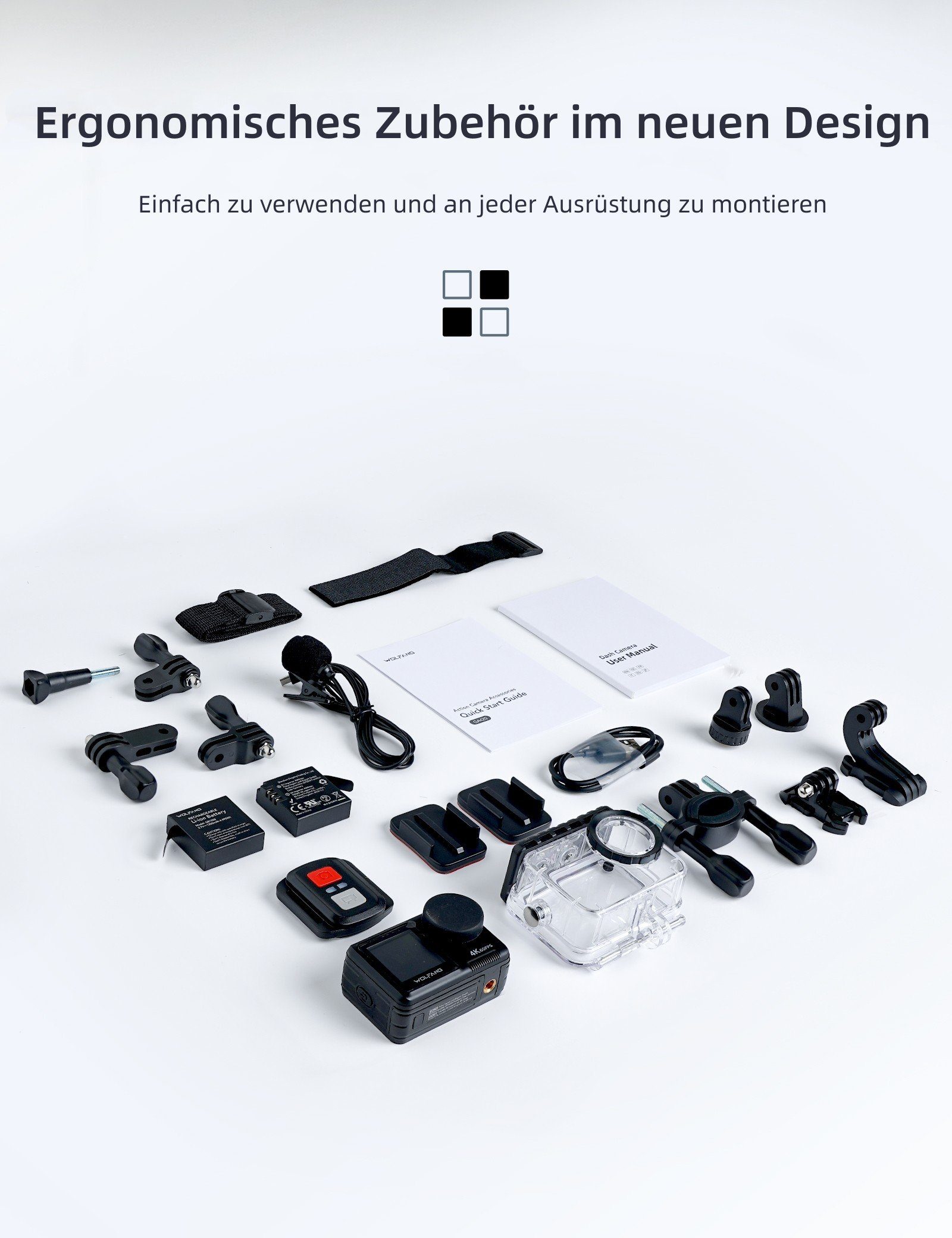 WOLFANG Action Cam (FULL HD, 4K 60FPS 24MP, Touch-Screen, 3.0 EIS, Blankes Metall Wasserdicht)
