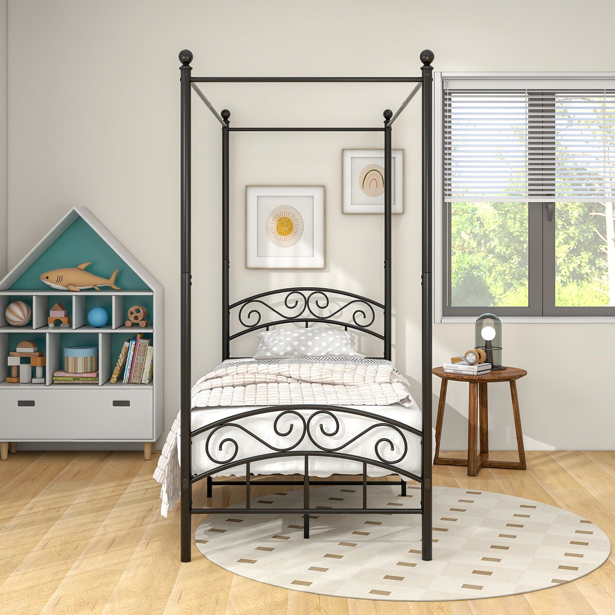 Gotagee Himmelbett Metallbett Himmelbett Schwarz 90x190cm Gästebett Eisenbett Einzelbett