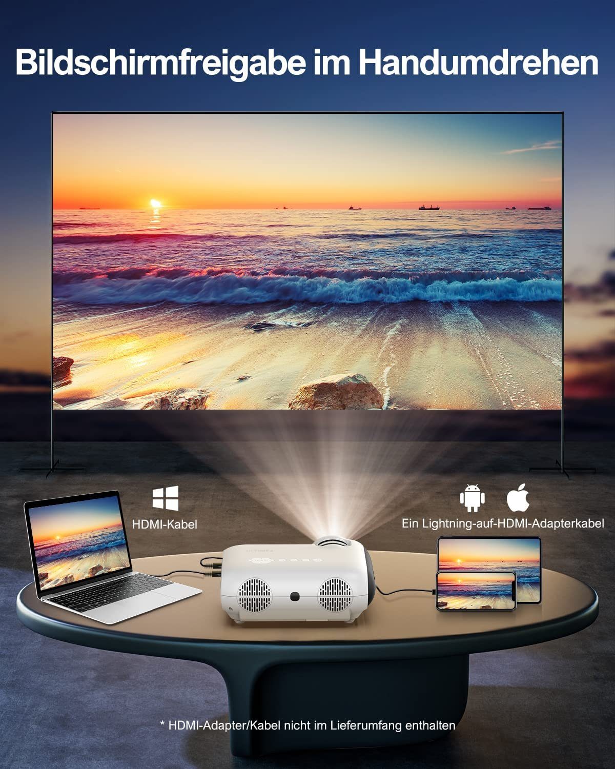 Ultimea Apollo P20 Full HD Native 1080P Beamer (10000 lm, 10000:1, 1920 x 1080 px, 4K Unterstützt Tragbarer Bluetooth Beamer für Heimkino)