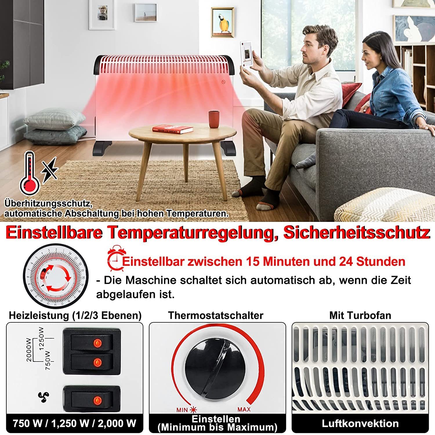 JUNG Konvektor ALPIN Heizung Elektro Mobil, Konvektor Konvektorheizung Elektroheizung, 2000 W, Energiesparend, Heizgerät, Elektrische Heizung Wohnzimmer Heizlüfter