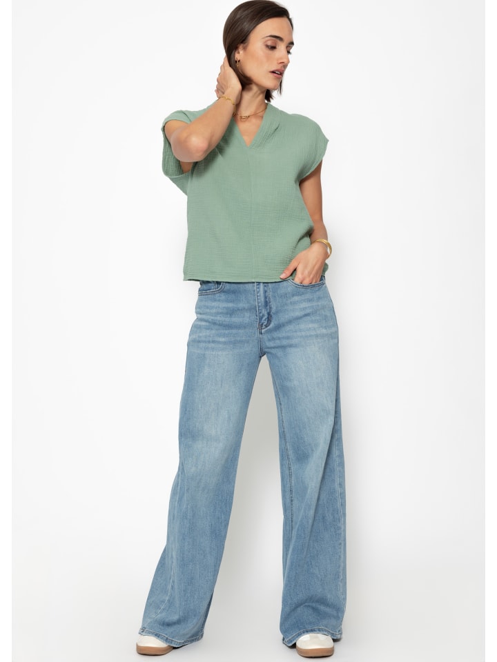 SASSYCLASSY Musselin Shirt mit V-Ausschnitt in Grün günstig kaufen