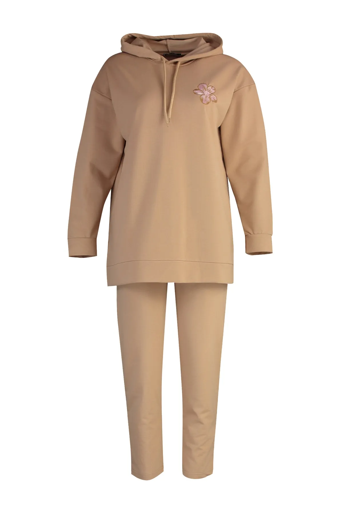 Trendyol Modest  Nerzfarbenes Strick-Trainingsanzug-Set mit Kapuze und Blumenmotiv TCTAW23EN00058