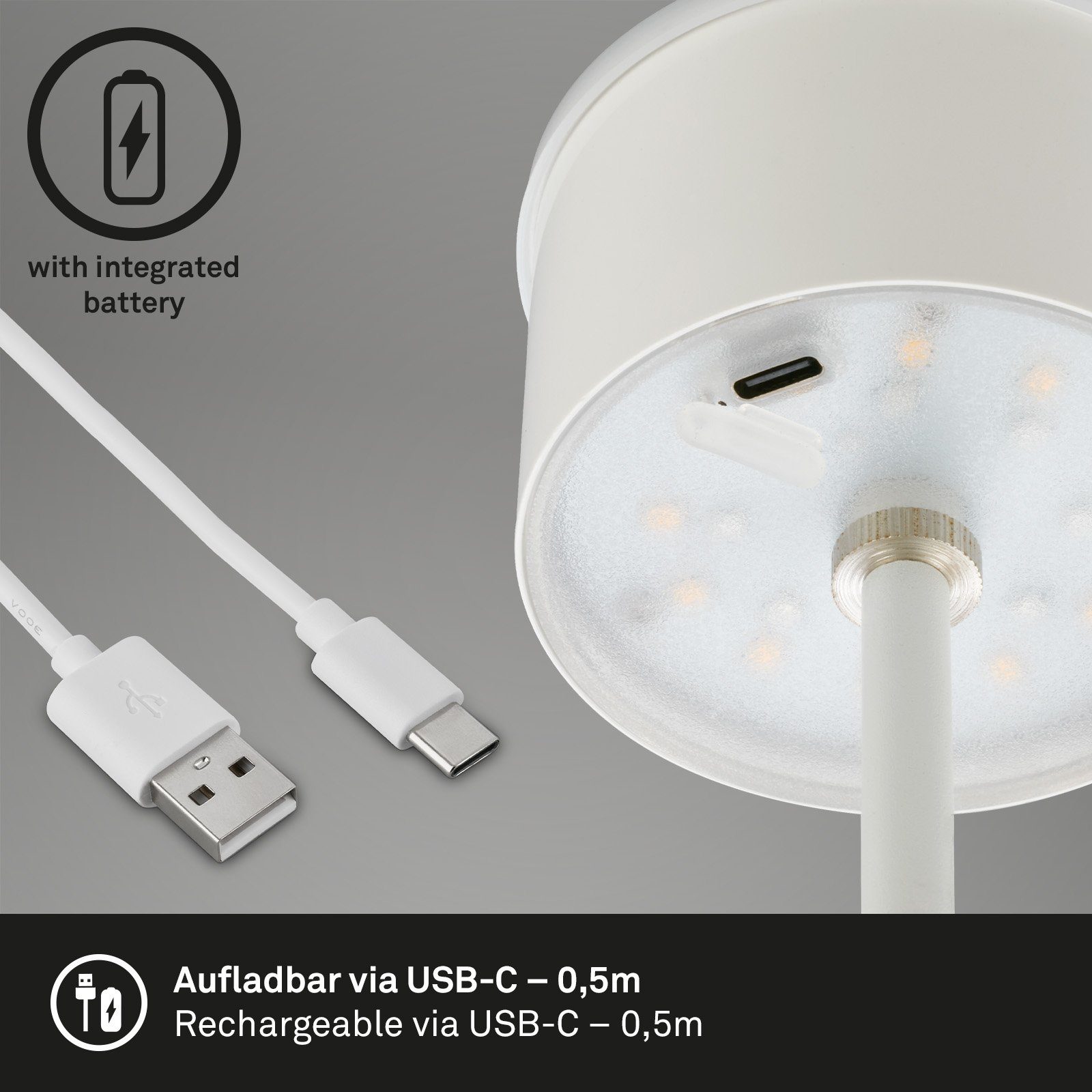 Briloner Leuchten Außen-Tischleuchte 7466016, LED fest verbaut, Farbwechsler, mit Akku, höhenverstellbar, RGB, USB-C, warmweiß, IP44, silber, 38 cm