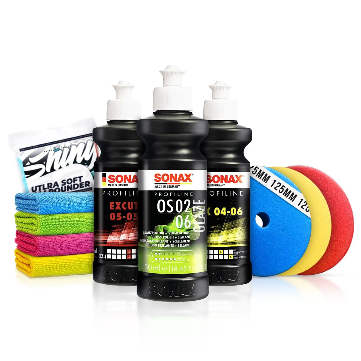 Sonax Auto Politur Set: ExCut 05-05   Ex 04-06   OS 02-06 je 250ml Autopolitur Set inkl. Premium Polierpads Ø125mm | 10-teilig