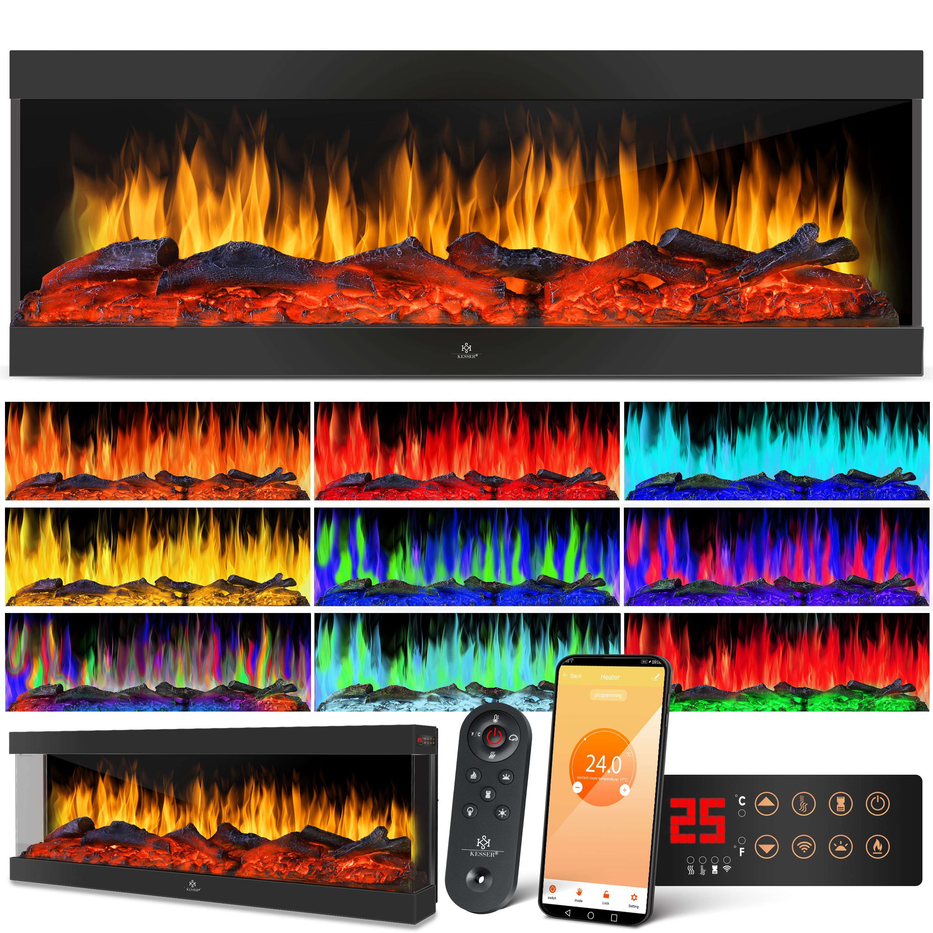 KESSER Elektrokamin, Kaminofen Elektrokamin Wandkamin 9 Farbmodi LED Flammen