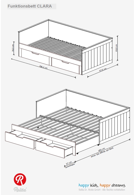 Relita Funktionsbett Clara 90x 200 auf 180 x 200 cm Liegefläche ausziehbar u. 2 Schubladen
