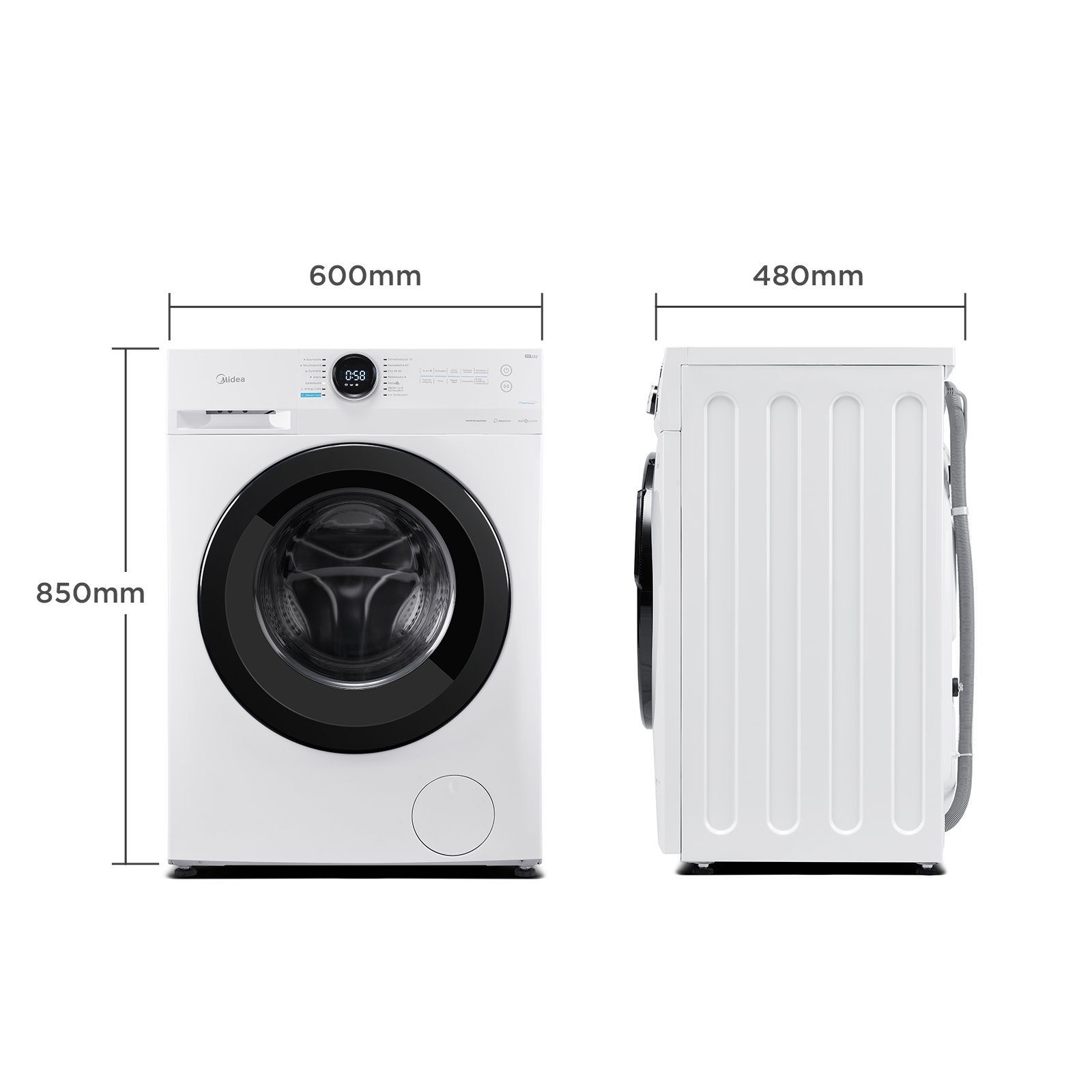 Midea Waschmaschine MF200W80B-E, 8 kg, 1400 U/min,48cm tief, Steam Care, Nachlegefunktion, Schnellwäsche