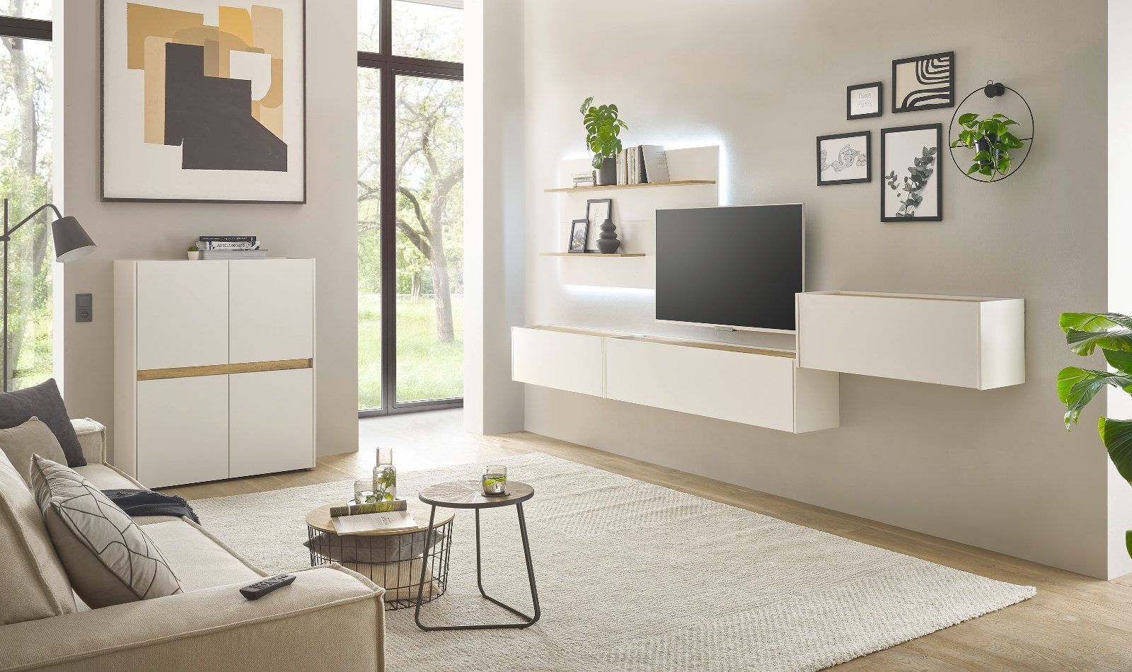 Furn.Design Wohnwand Center, (Wohnzimmer Set in weiß mit Wotan Eiche, 4-teilig, Breite 370 cm), integrierter Sekretär
