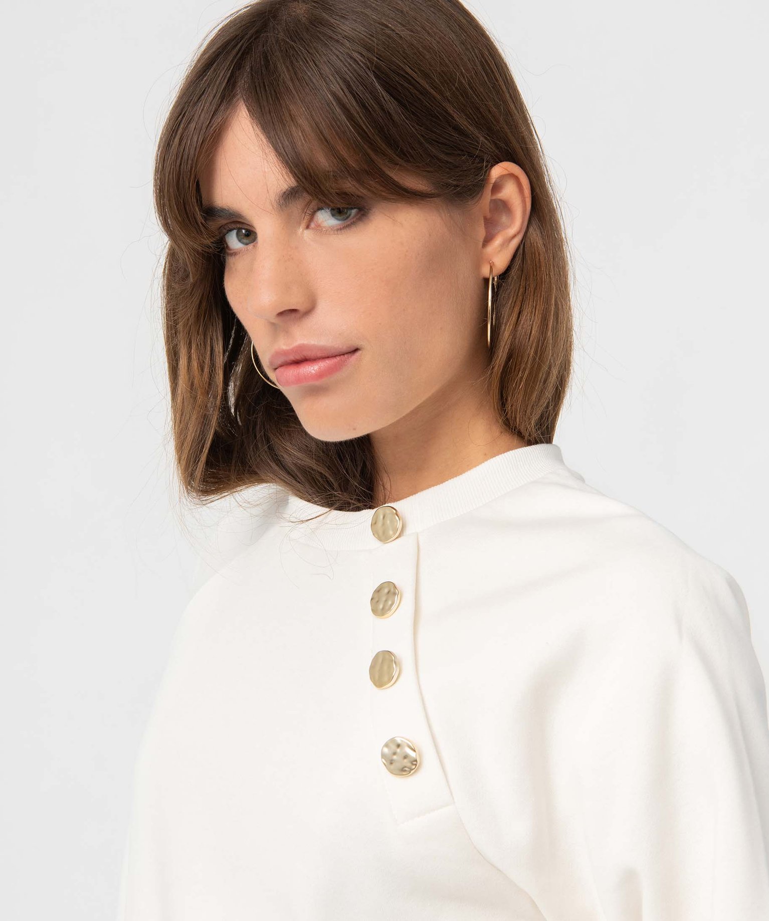 Sweat femme avec manches raglan et boutons fantaisie ecru | GEMO