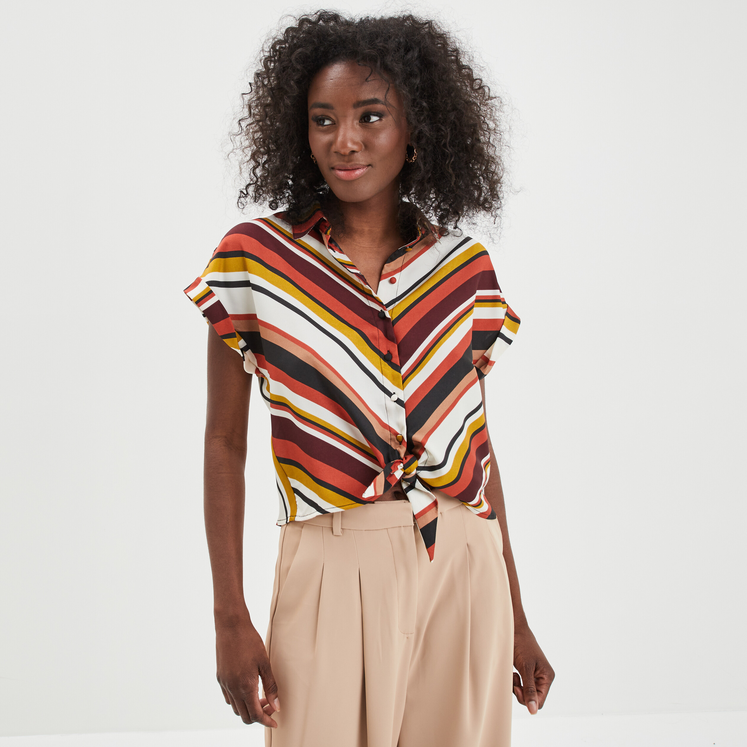Chemise satin nouée manches courtes multicolore femme | La Halle