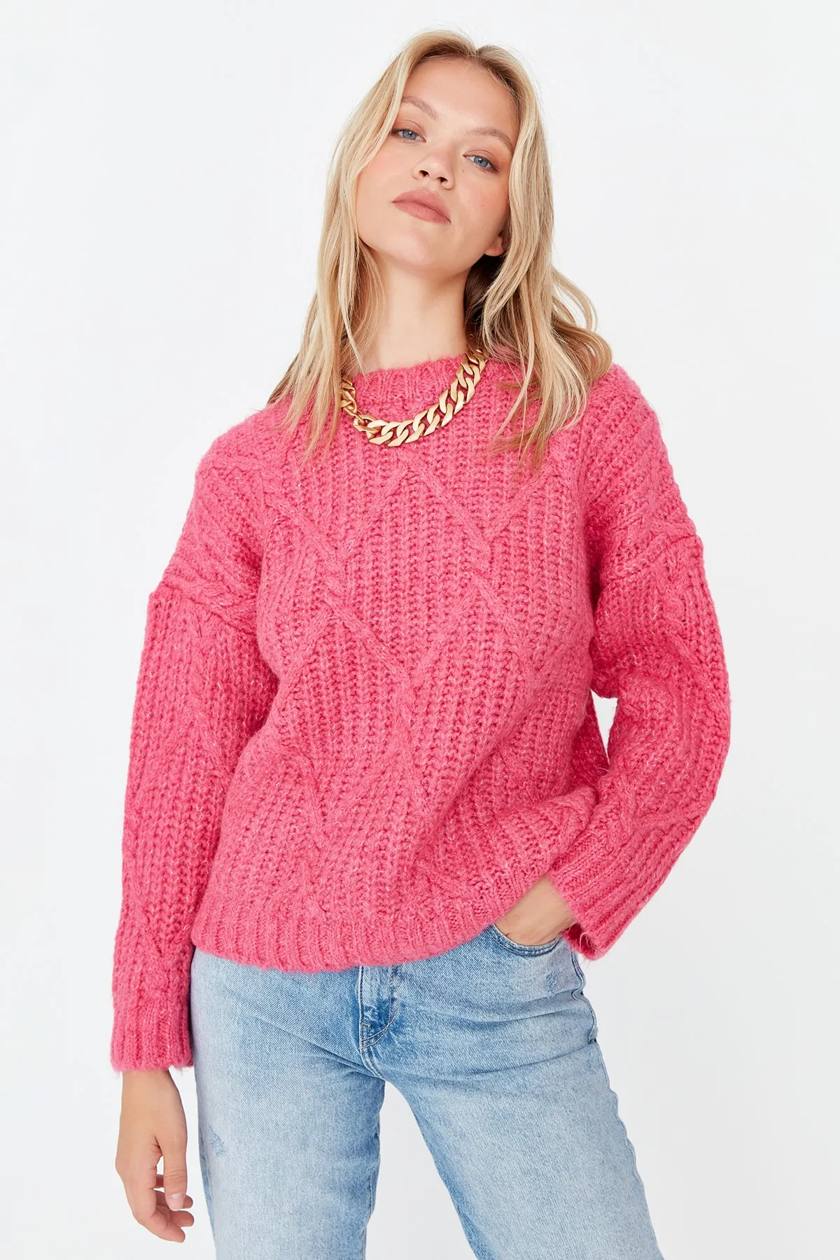 Trendyol Collection  Fuchsia Weicher Strukturierter Strickpullover mit weiter Passform TWOAW23KZ01373