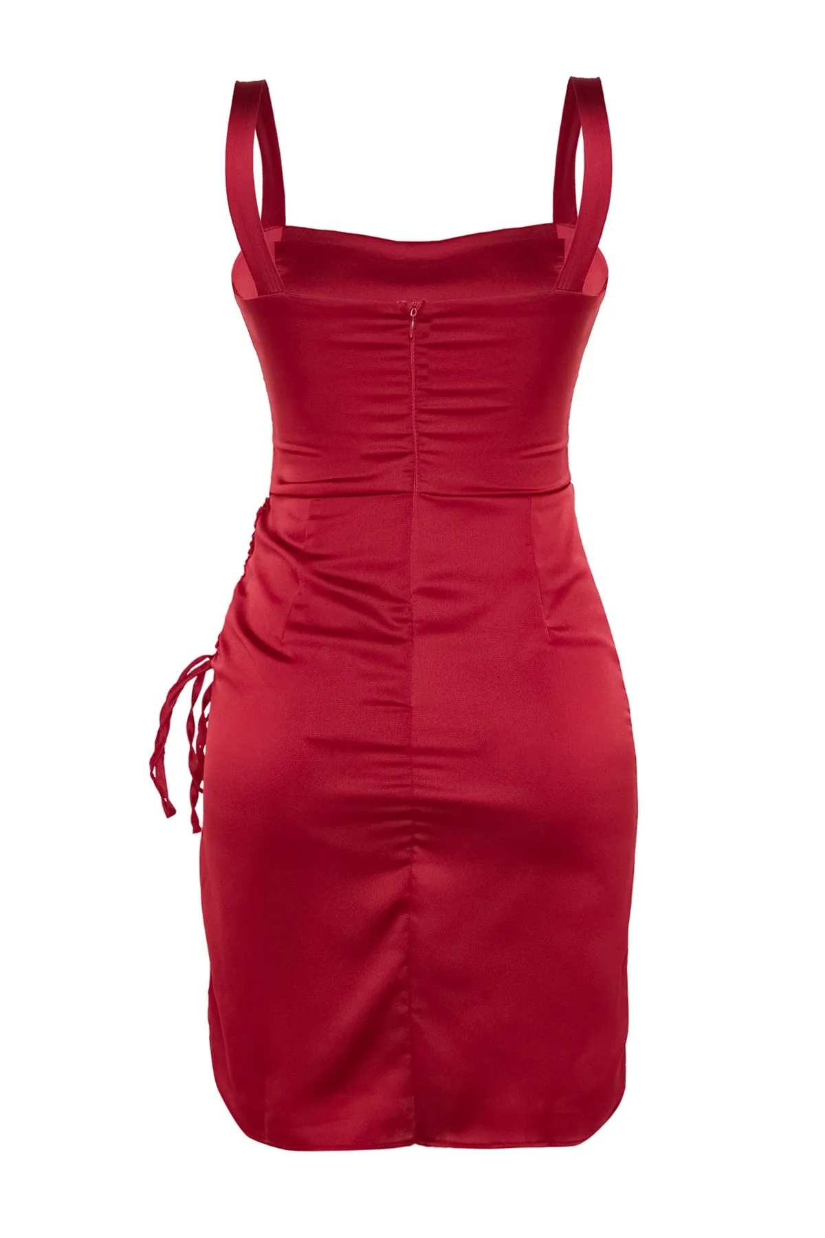 Trendyol Collection  Stilvolles Abendkleid aus gerafftem Satin in Burgunderrot TPRSS21EL2287
