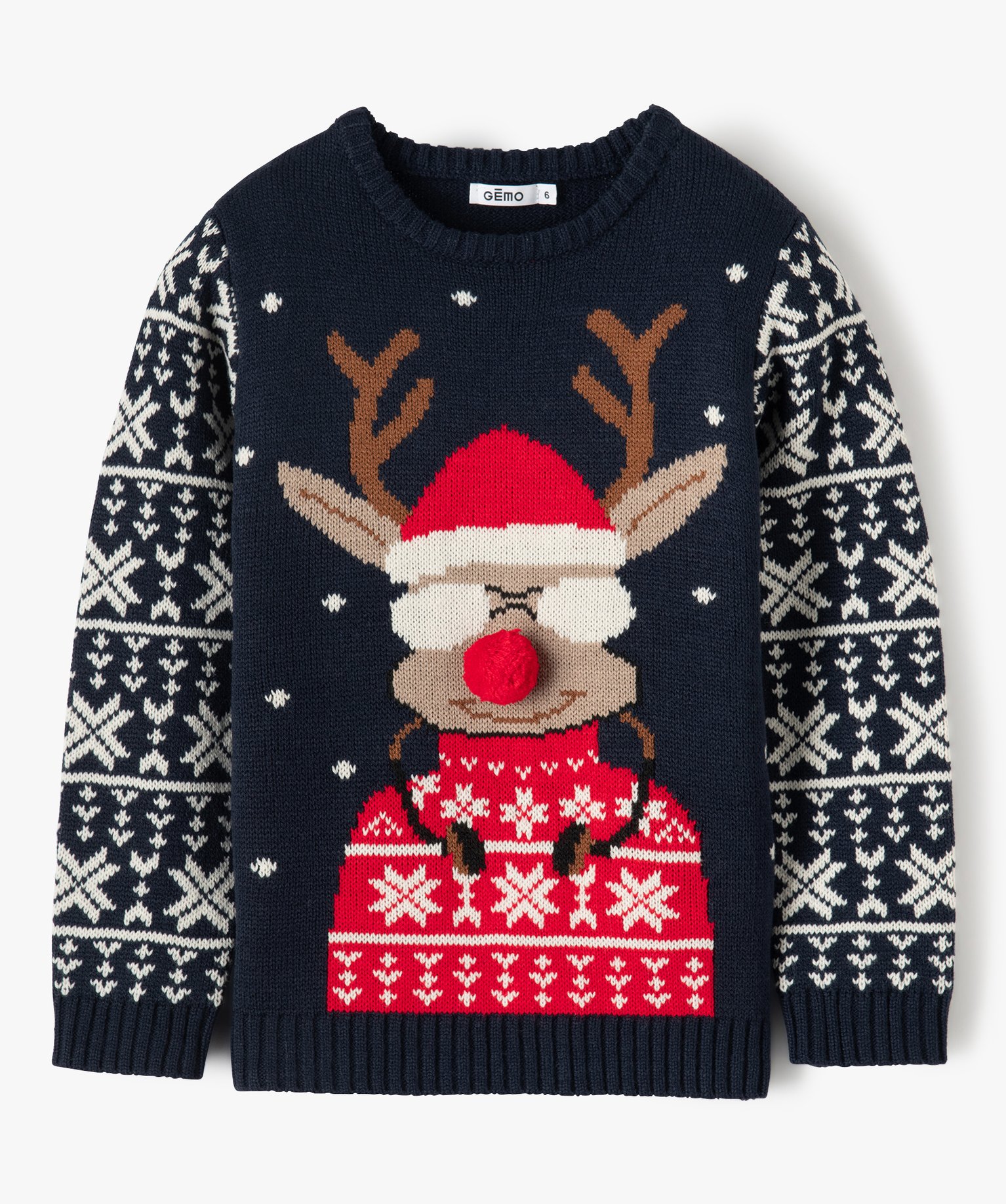 Pull de Nol Garçon avec motif renne et pompon marine | GEMO