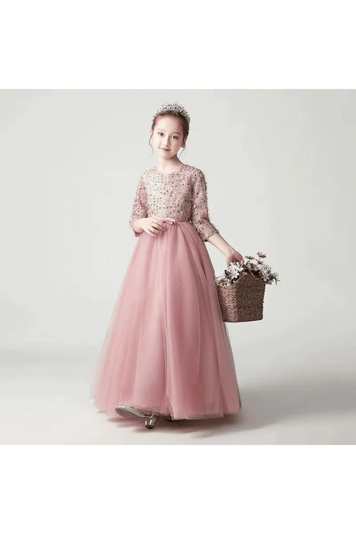 Mashotrend  Bled Abendkleid für Mädchen mit Pailletten und Fransen – Tarlatan Kinder-Abendkleid Langarm-Abendkleid für Mädchen