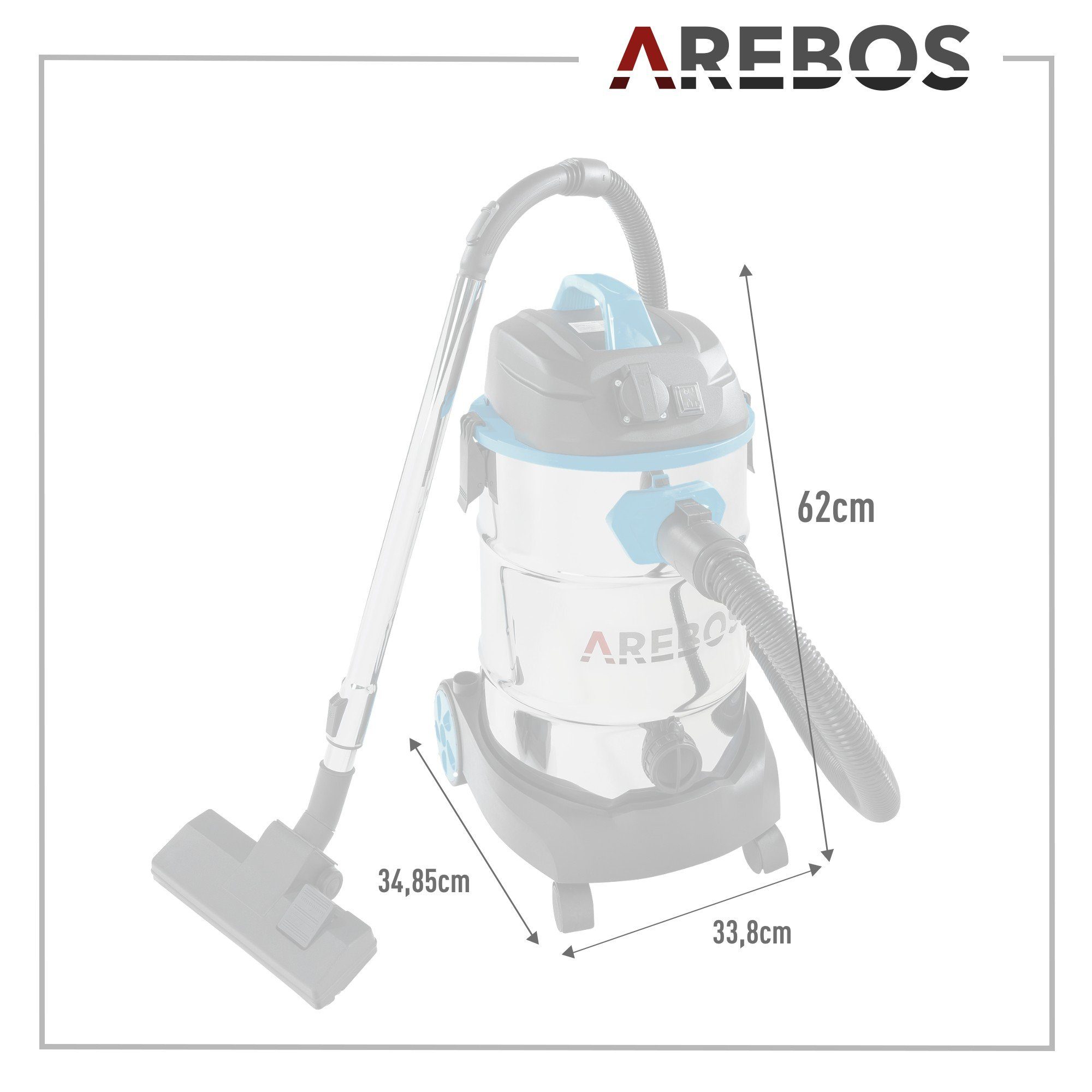 Arebos Industriesauger 1600W, Nass- & Trockensauger, Aschesauger für Kamin & Grill, 2600,00 W, mit und ohne Beutel nutzbar