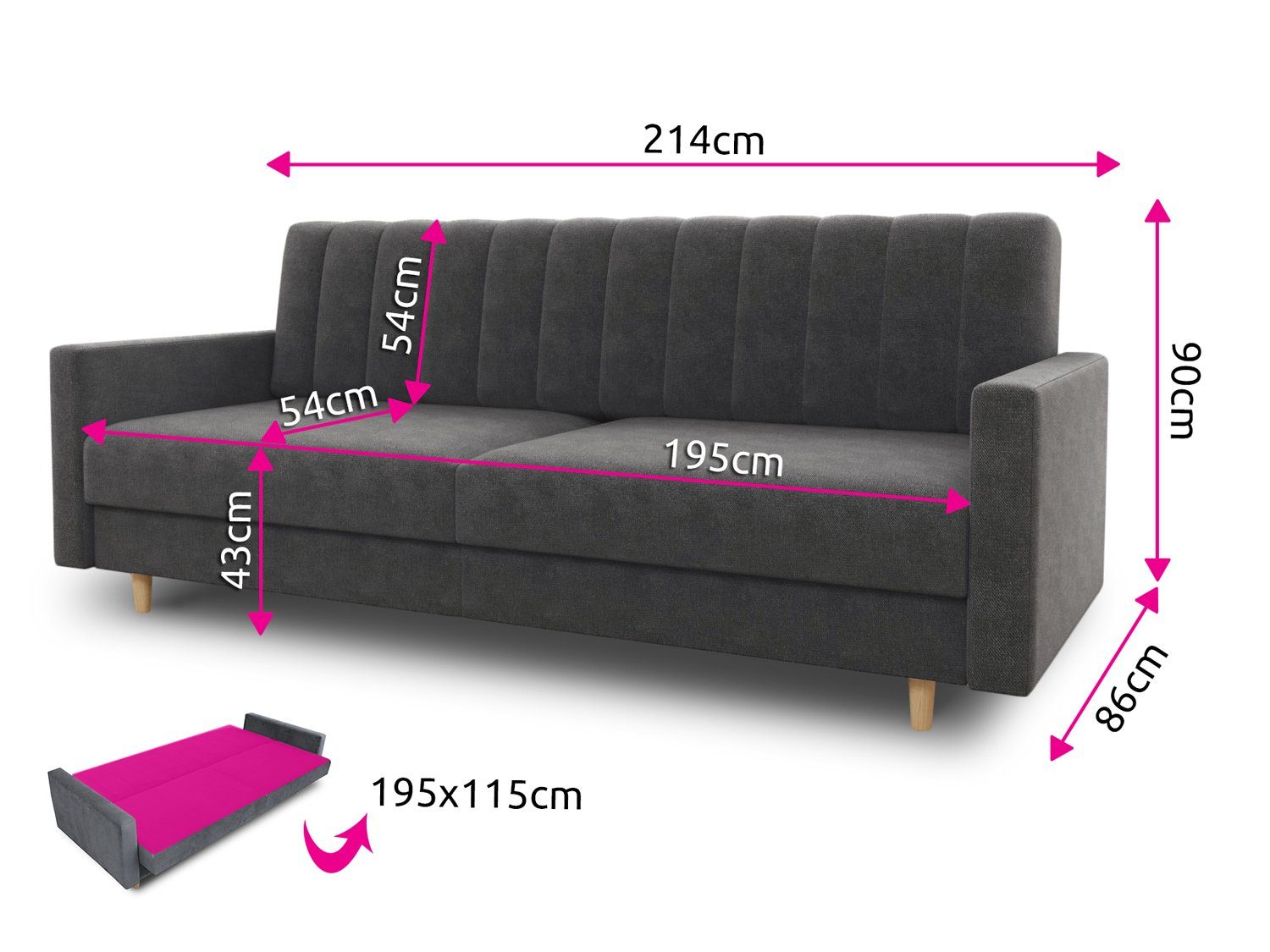Sofnet Schlafsofa Sara, mit Schlaffunktion und Bettkasten, Bettsofa mit Holzfüße und Wellenfeder