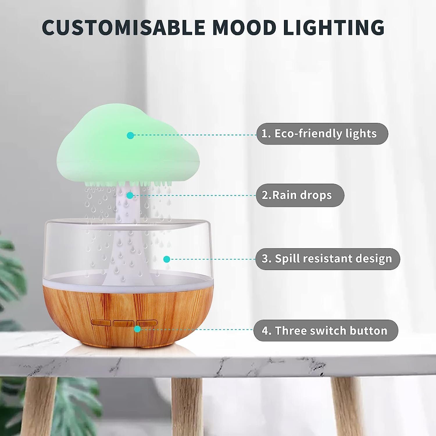 Hikeren Luftbefeuchter Zen Regenwolken-Nachtlicht, Aromatherapie Luftbefeuchter, 0,26 l Wassertank, 7 Lichtfarben, 3 Regentropfengeschwindigkeiten