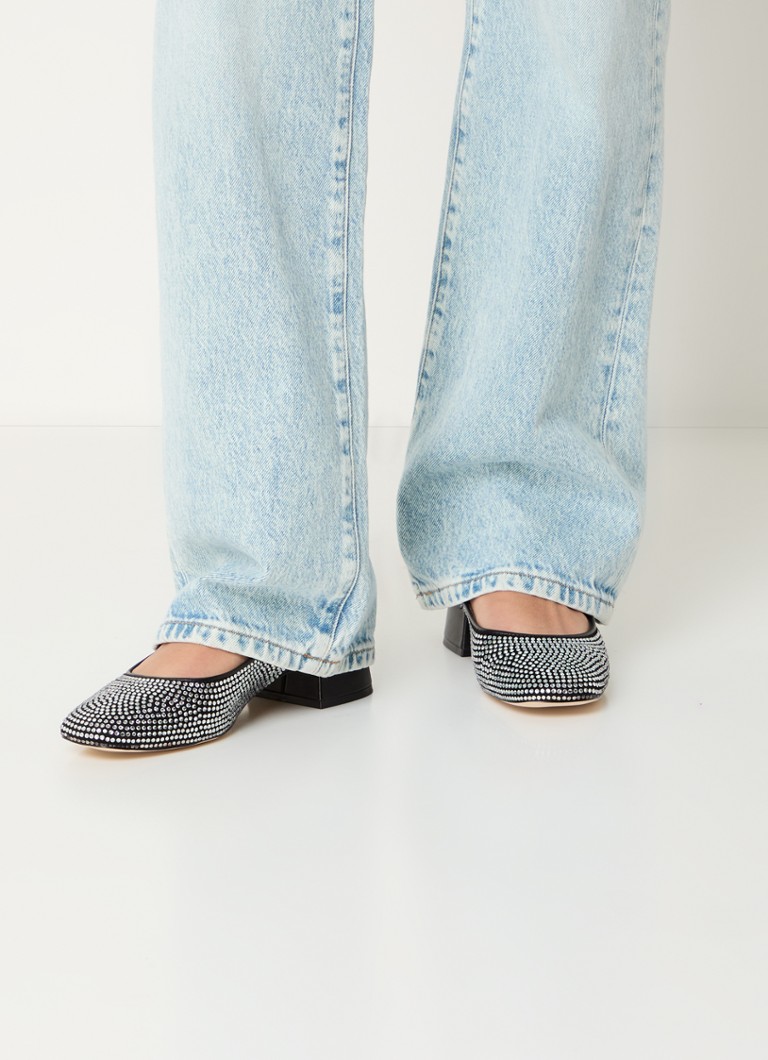 Pantofi cu toc slingback din piele Steve Madden Smitten, împodobiți cu strasuri.