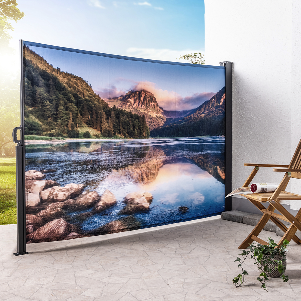 HC Garten & Freizeit Foto-Seitenmarkise, doppelseitig mit Fotodruck - See mit Bergen 1,6x3m