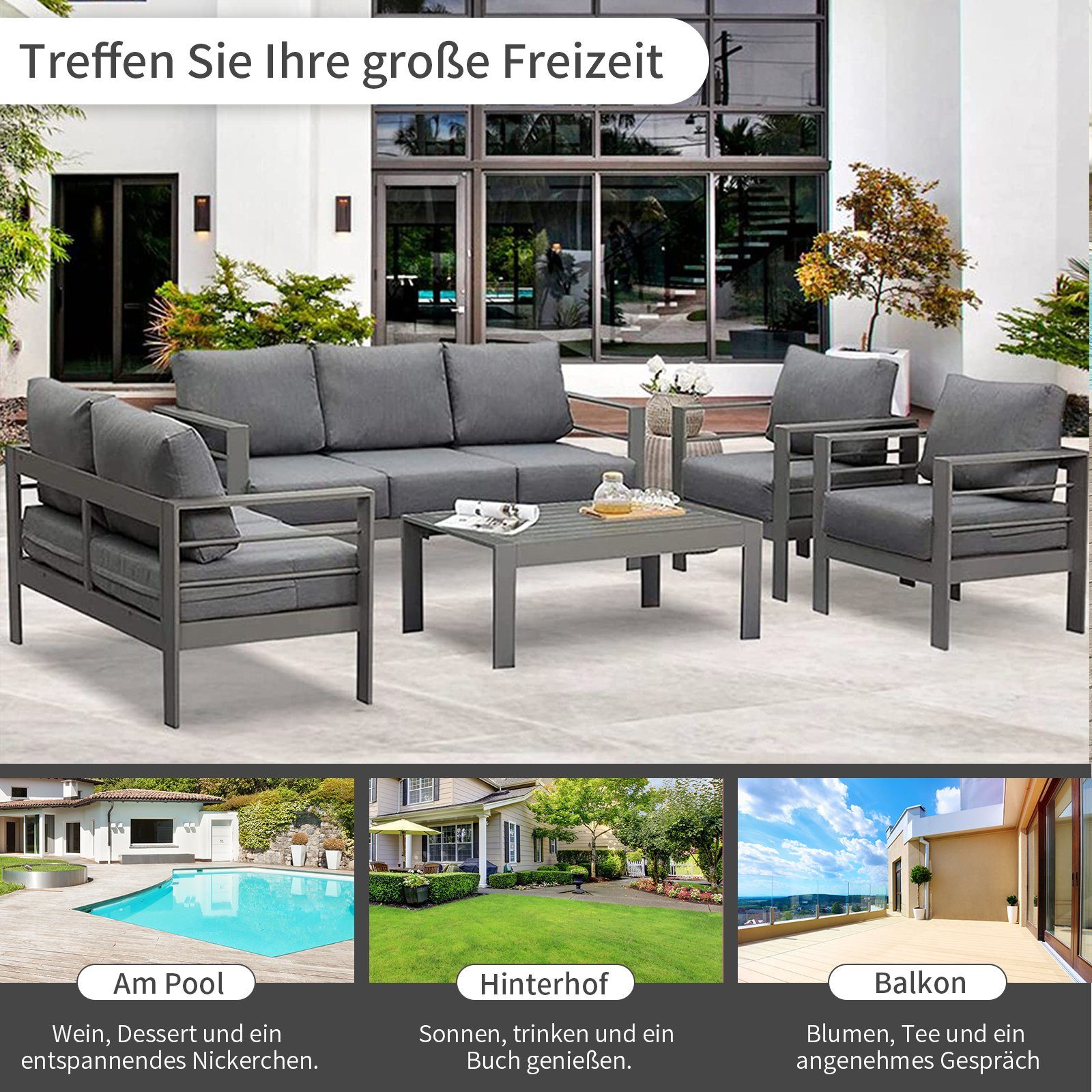 MeXo von GLP HOME Gartenlounge-Set Aluminium Sitzgruppe wetterfest Lounge Set für 5-7 Personen, (Gartenmöbel, Gartengarnitur mit Kissen), Essgruppe für Terrasse Balkon Garten Indoor Outdoor
