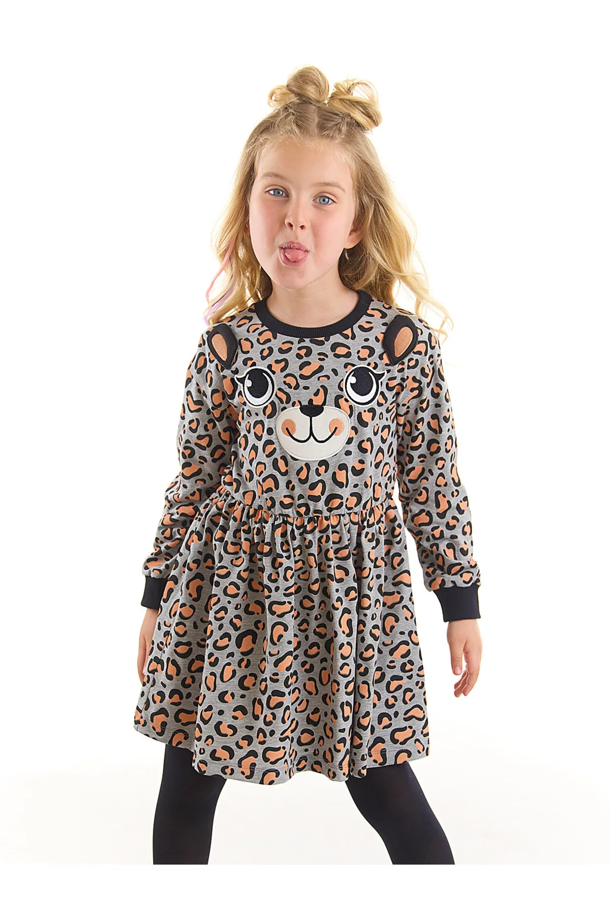 Denokids  Graues Mädchenkleid mit Leopardenmuster