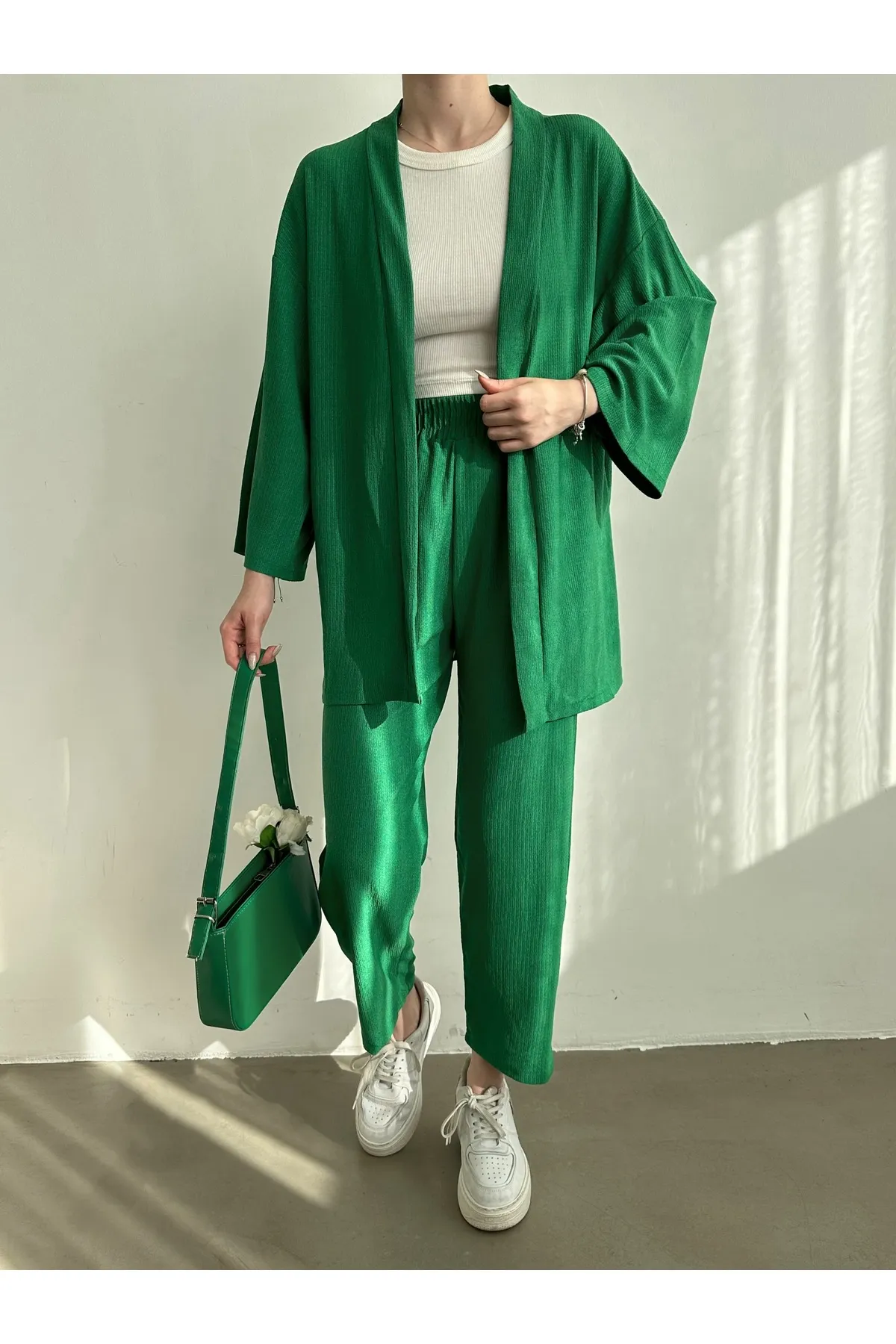 BEJNA  Grünes Kimono-Hosen-Strickset für Damen
