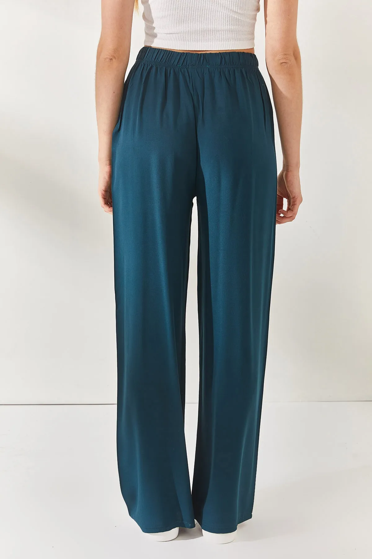 Olalook  Petrolblaue Palazzo-Hose aus gewebtem Viscon mit Gürtel für Damen PNT-19000169
