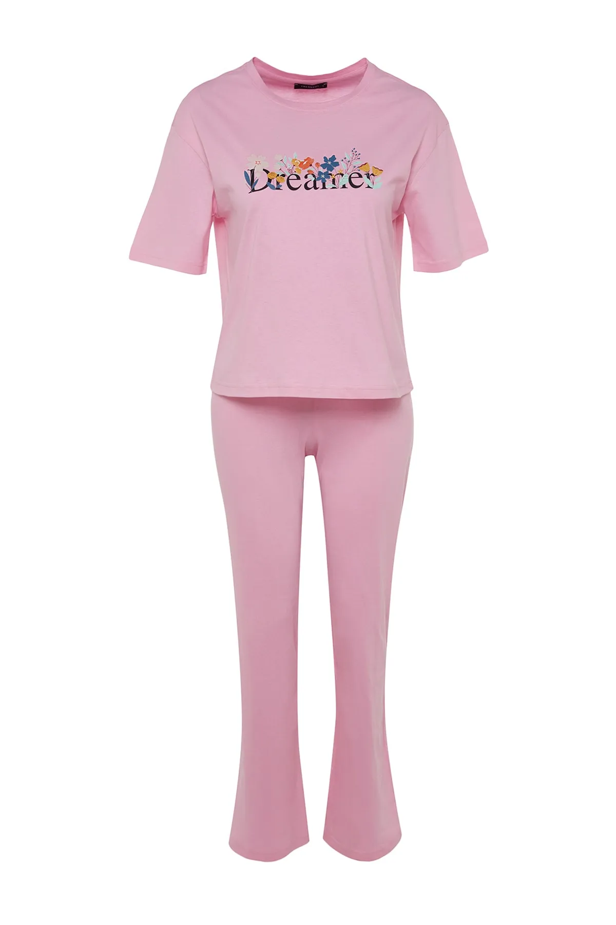 Trendyol Collection  Hellrosa gestricktes Pyjama-Set aus 100 % Baumwolle mit Slogan-Aufdruck und T-Shirt-Hose THMSS23PT00134