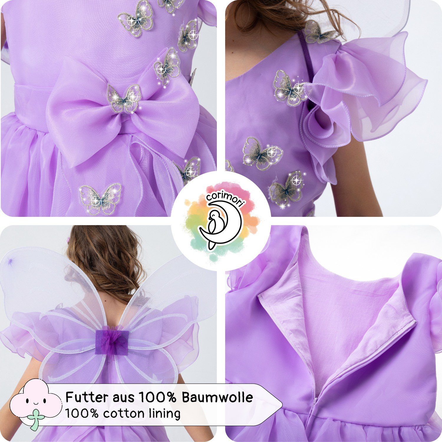Corimori Prinzessin-Kostüm Prinzessin Kleid Kostüm-Set für Kinder Schmetterling, mit Tattoos & Haarband, Feen-Kleid, Fasching, lila, Fee, Mädchen