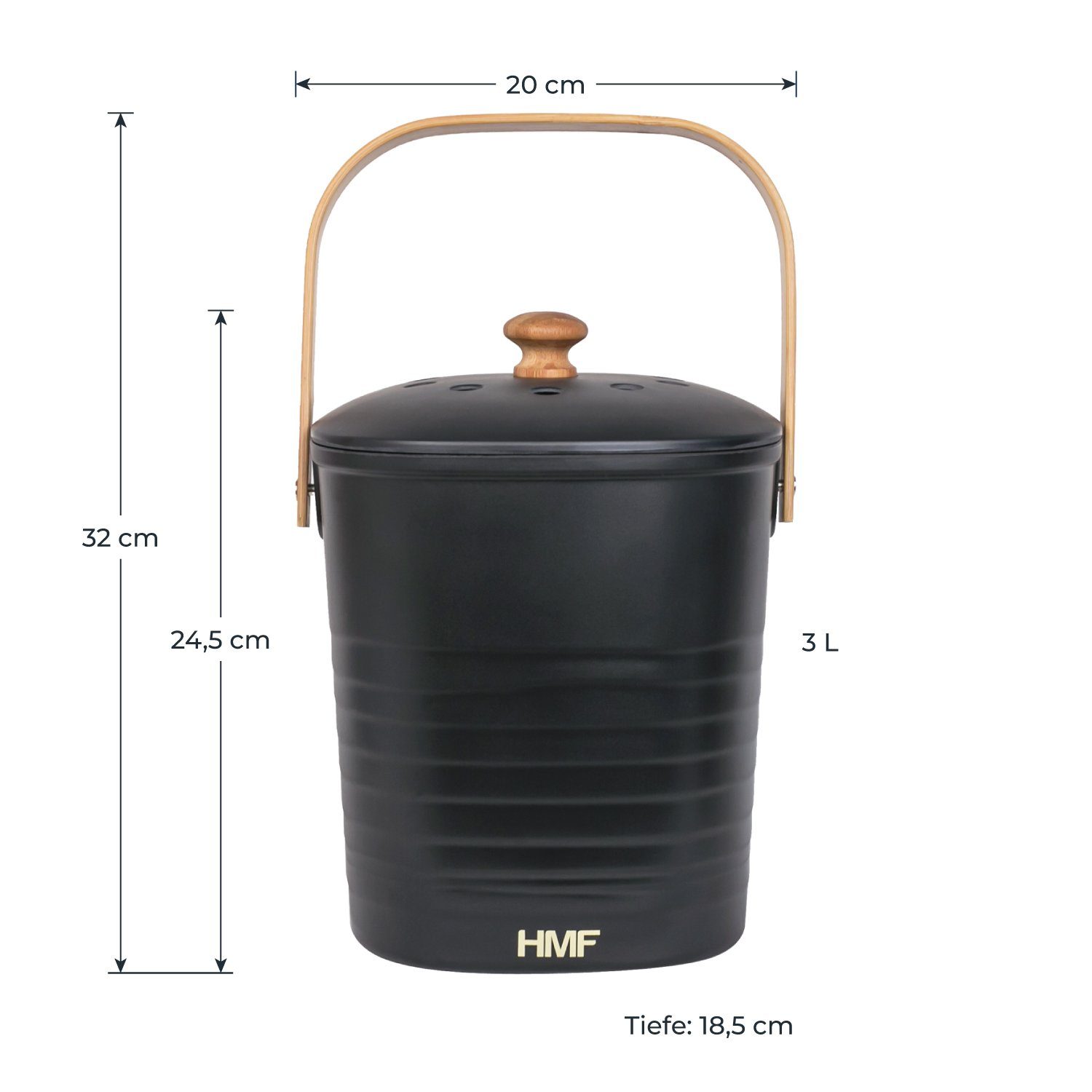 HMF Biomülleimer Komposteimer mit Aktivkohlefilter, kleiner Abfalleimer für die Küche mit Deckel, 3L, Schwarz