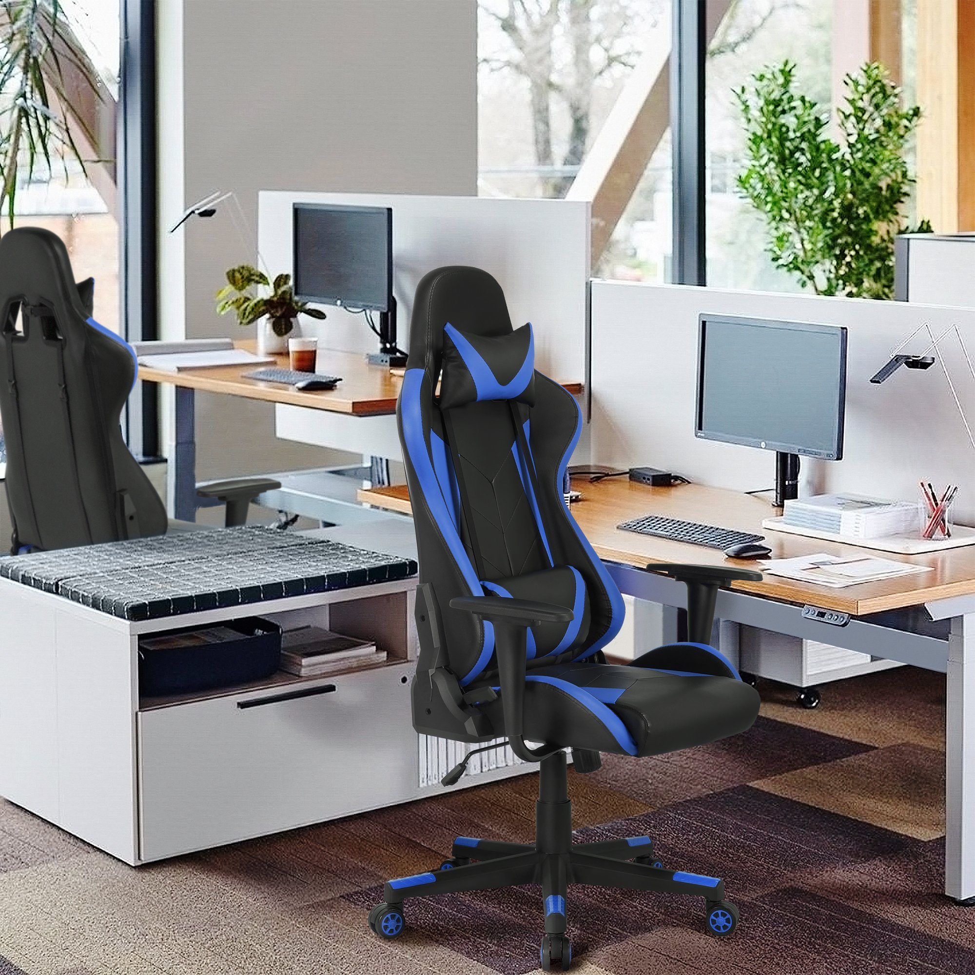Yaheetech Gaming-Stuhl, Ergonomisches Design mit Kopfstütze und Lendenkissen
