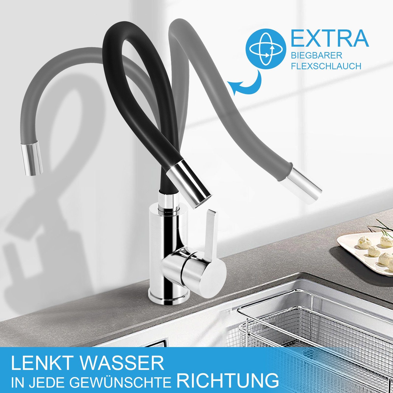 XIIW Waschtischarmatur Messing Küchenarmatur Spültischarmatur, Keramikkartusche,ABS Belüfter (Flexible Wasserhahn Küchen(360° Schwenkbar),Höhe 34,7cm,Schwarz Silikonschlauch)